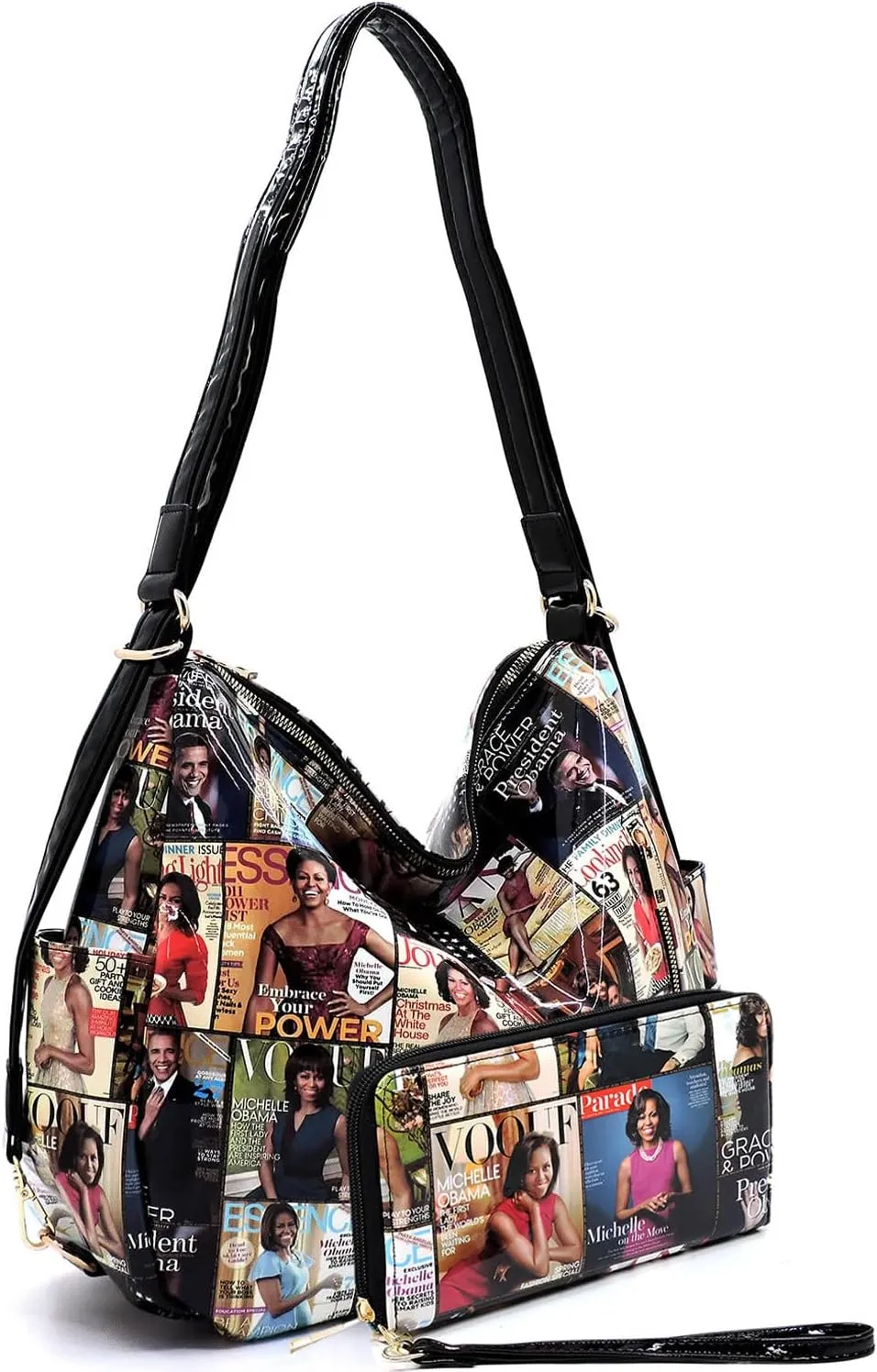 2PCS SET Michelle Obama Magazine Collage 2-in-1 Hobo, Satchel Bag,Crossbody, Clutch,Wallet 2pcs set