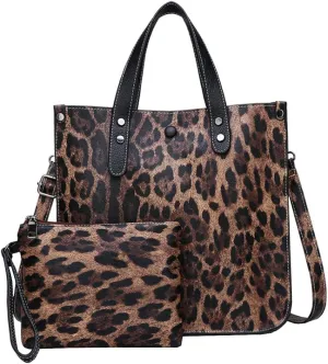 2PCS Women Handbag Set Purse Satchel Leopard PU Shoulder Top-handle Bag Hobo Tote (Brown)