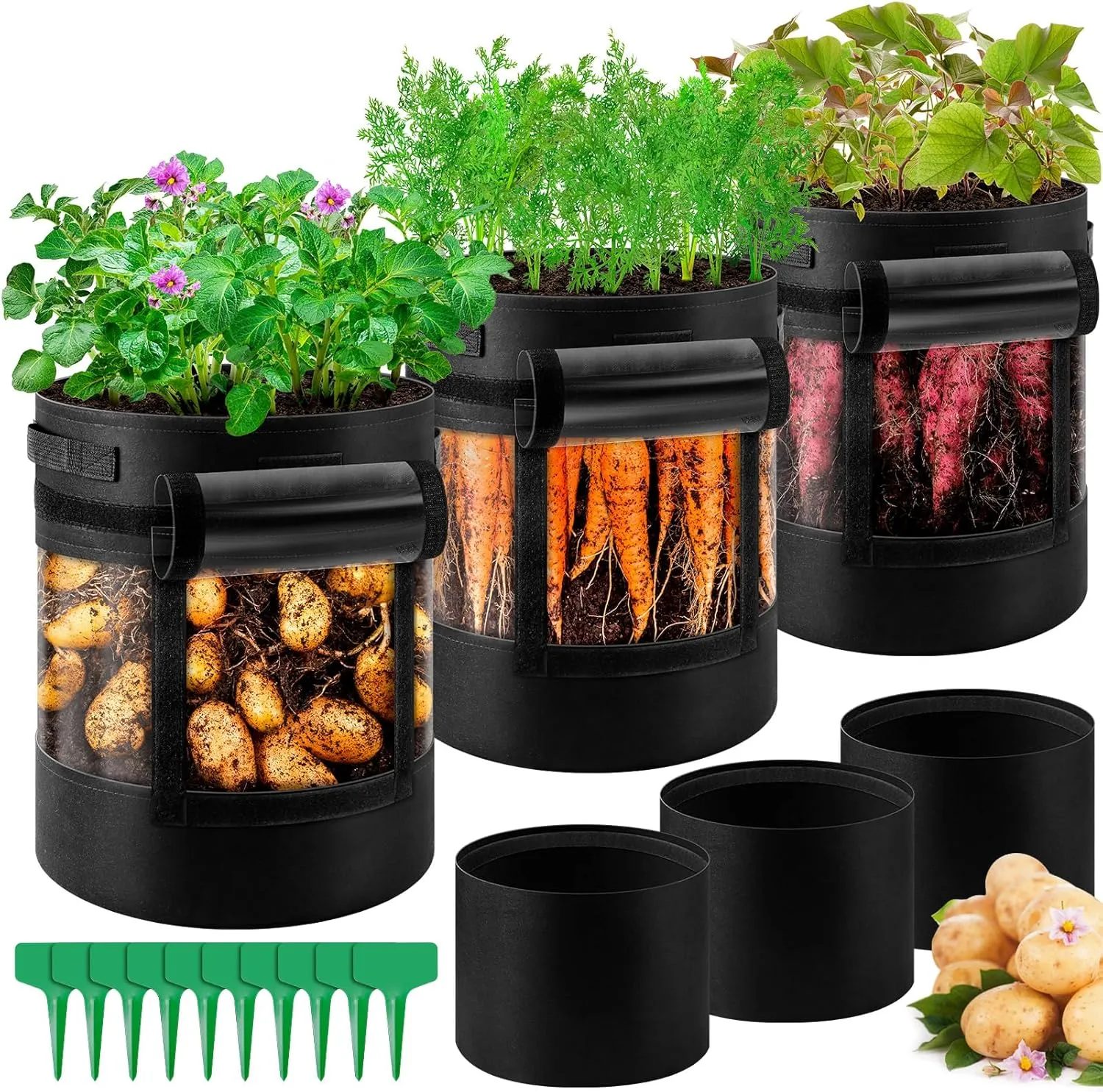 3 Pack 10 Gallon 360° Visibility Potato Grow Bags with Shading Flap, Plant Grow Bags for Growing Potatoes Heavy Duty Thickened Nonwoven Fabric Gardening Vegetable Growing Bags with Harvest Window
