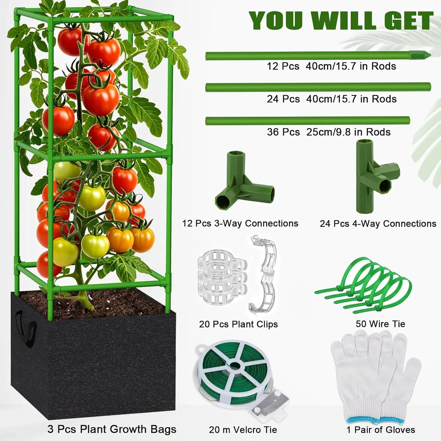 3 Packs 47'' H Tomato Cage Trellis for Climbing Plants with Grow Bags, Metal Cucumber Trellis for Raised Garden Bed, Heavy Duty Square Vertical Plant Stake Support for Outdoor Vegetables Flowers Fruit