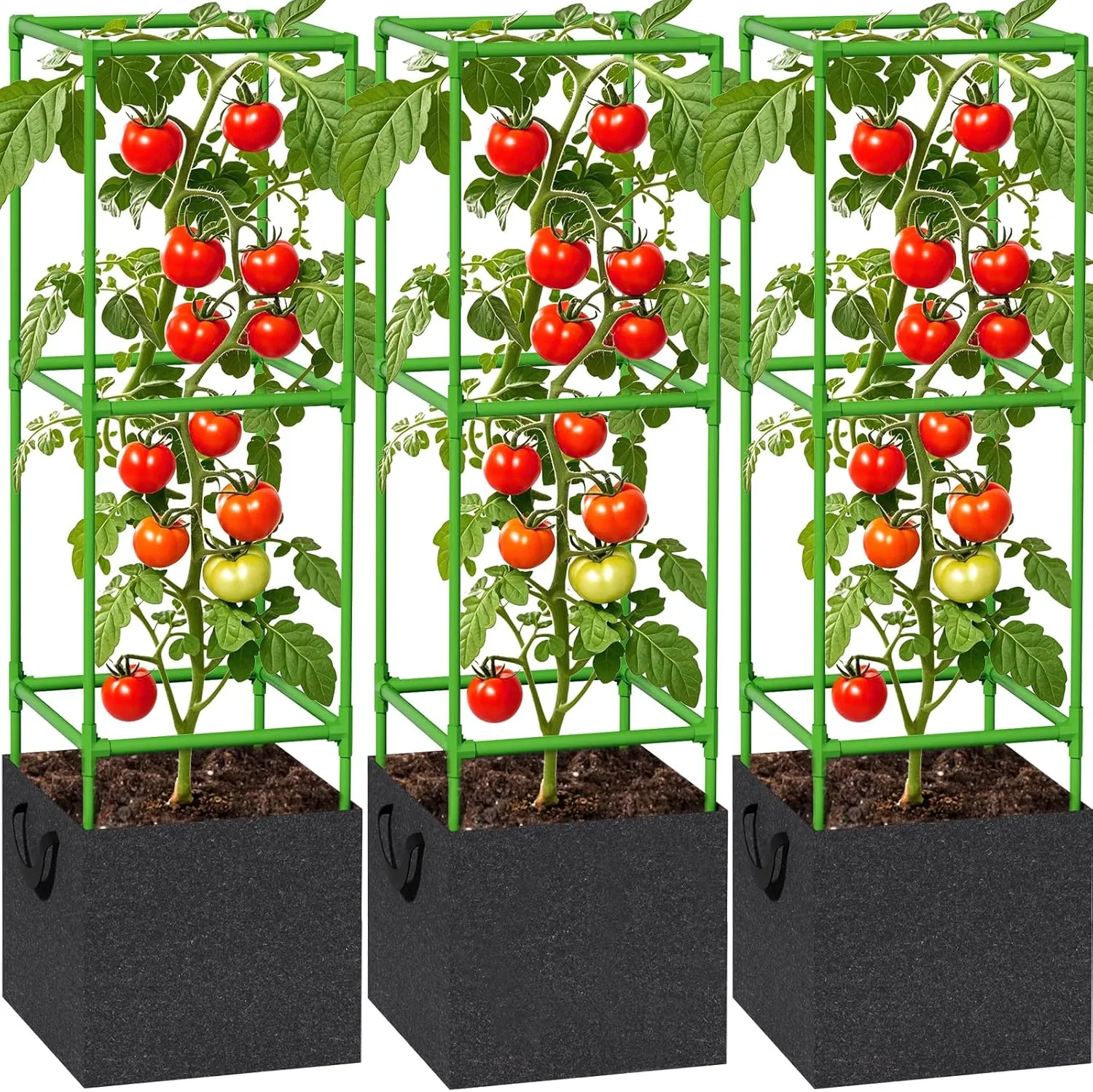 3 Packs 47'' H Tomato Cage Trellis for Climbing Plants with Grow Bags, Metal Cucumber Trellis for Raised Garden Bed, Heavy Duty Square Vertical Plant Stake Support for Outdoor Vegetables Flowers Fruit