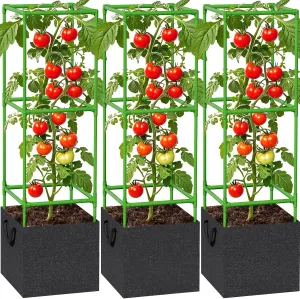 3 Packs 47'' H Tomato Cage Trellis for Climbing Plants with Grow Bags, Metal Cucumber Trellis for Raised Garden Bed, Heavy Duty Square Vertical Plant Stake Support for Outdoor Vegetables Flowers Fruit