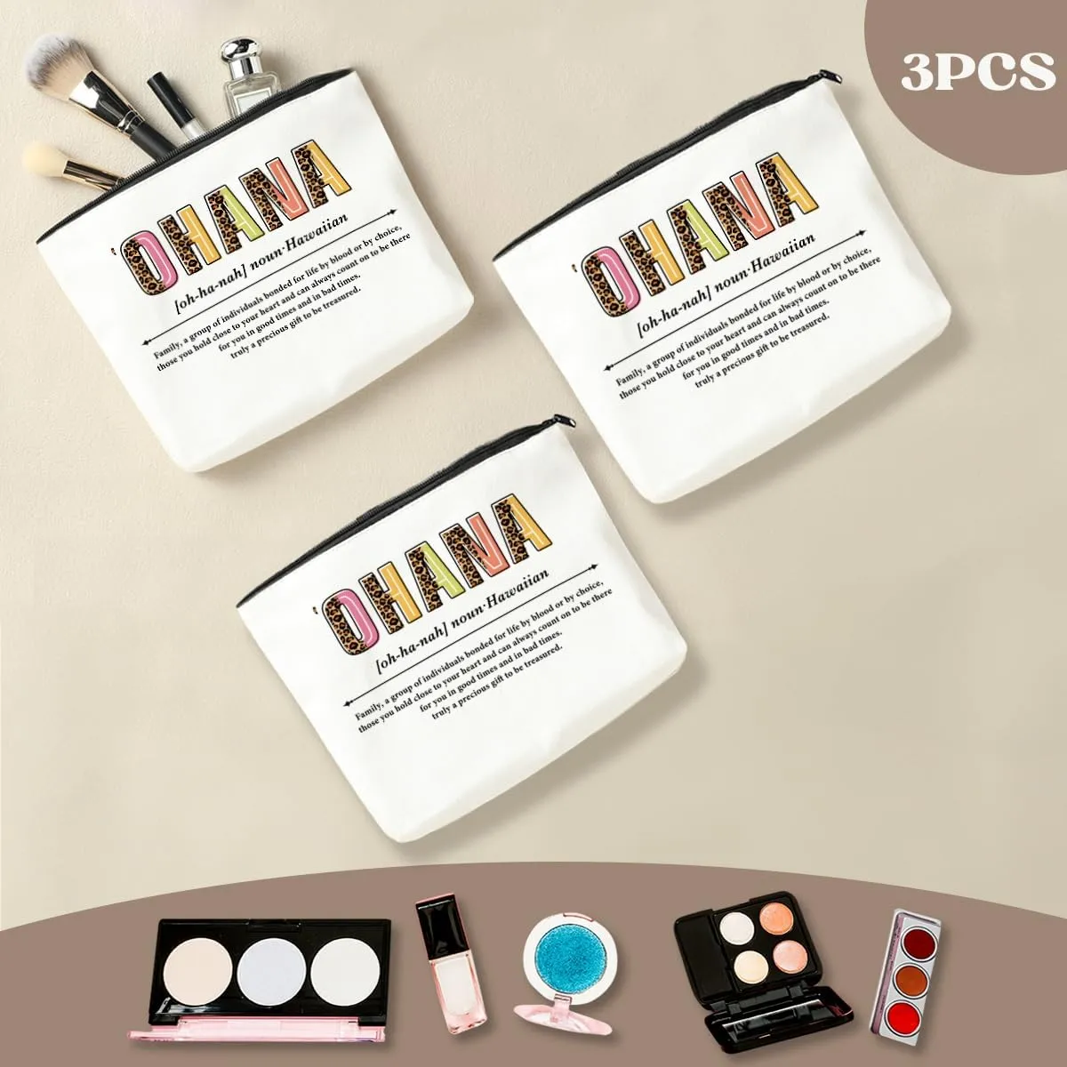 3 PCS Ohana Noun Makeup Bag Family Gifts Hawaiian Gifts Family Gifts Ideas for Women Female Mom Grandma Sister Daughter Vacation Holiday Christmas Cosmetic Bag Travel Toiletry Bag