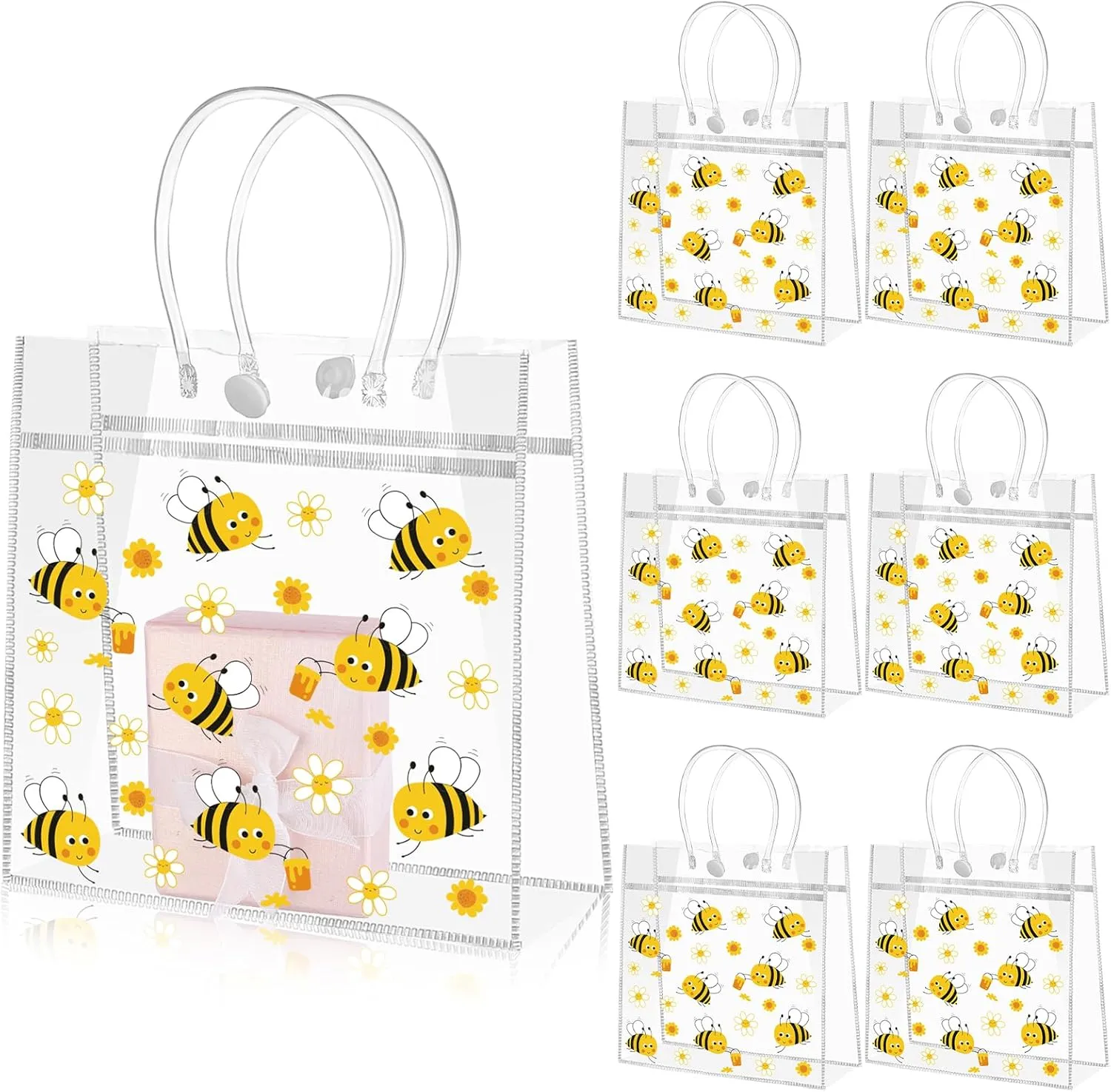 30Pcs Bee Clear Gift Bag with Handle PVC Honey Bee Party Goodie Treat Bags Snack Bag for Bees Theme Birthday Gender Reveal Baby Shower Party FavorDecoration Supplies,7.87 x 7.87 x 3.15 Inch
