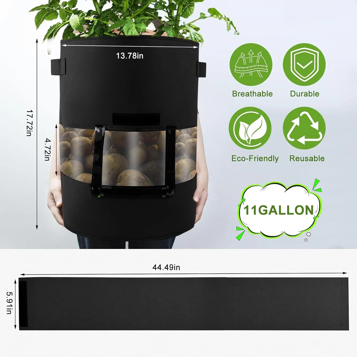 360° Visible Grow Bags for Potatoes, 3 PCS 11 Gallon Felt Potato Growing Containers Black Nonwoven Fabric Pots Garden Planting Bag with Handle Harvest Window 3PCS Shade Cloth for Tomato Vegetables