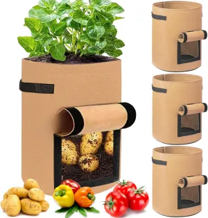 4 Pack Potato Grow Bags 10 Gallon with Flap, Heavy Duty Fabric Grow Bags with Handle and Harvest Window, Non-Woven Planter Pot Plant Garden Bags to Grow Vegetables Potato Tomato, Brown
