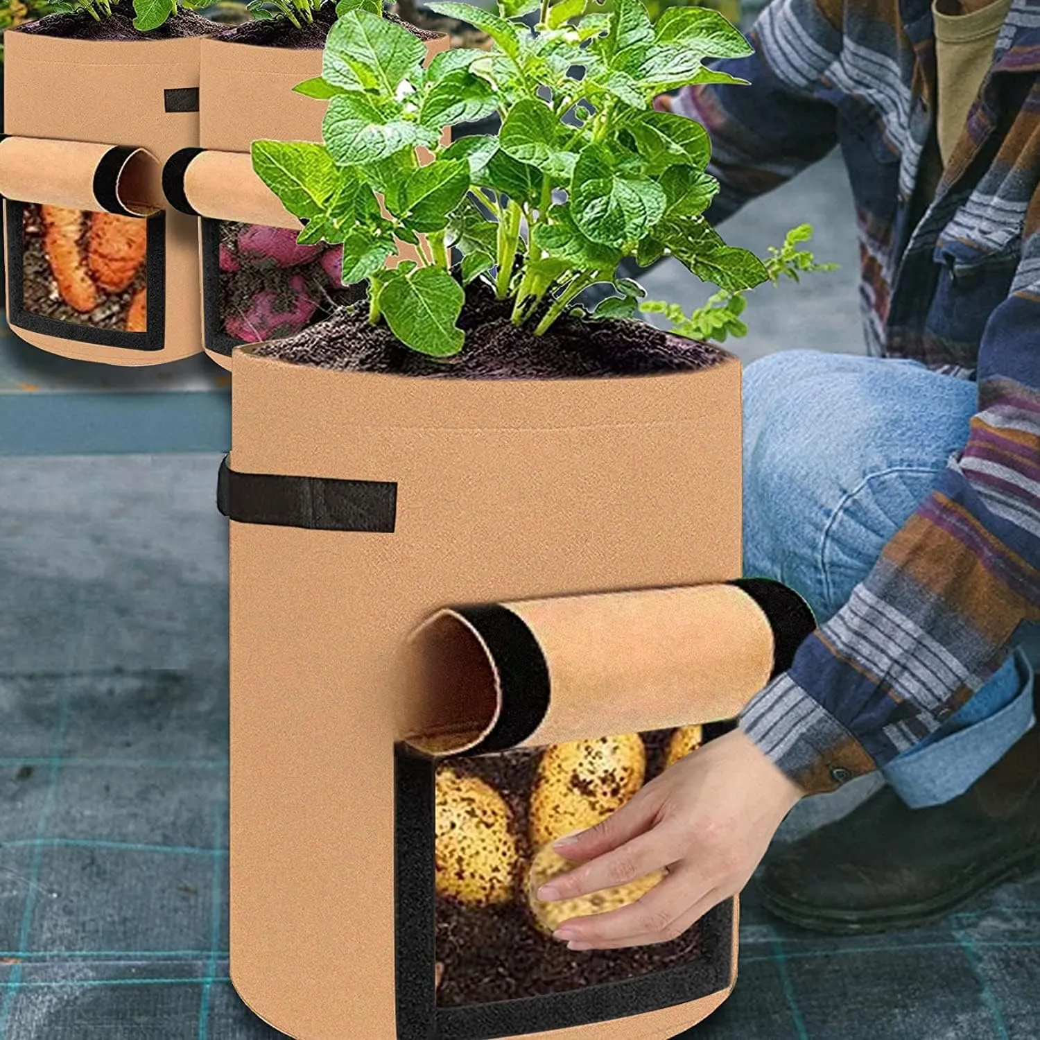 4 Pack Potato Grow Bags 10 Gallon with Flap, Heavy Duty Fabric Grow Bags with Handle and Harvest Window, Non-Woven Planter Pot Plant Garden Bags to Grow Vegetables Potato Tomato, Brown