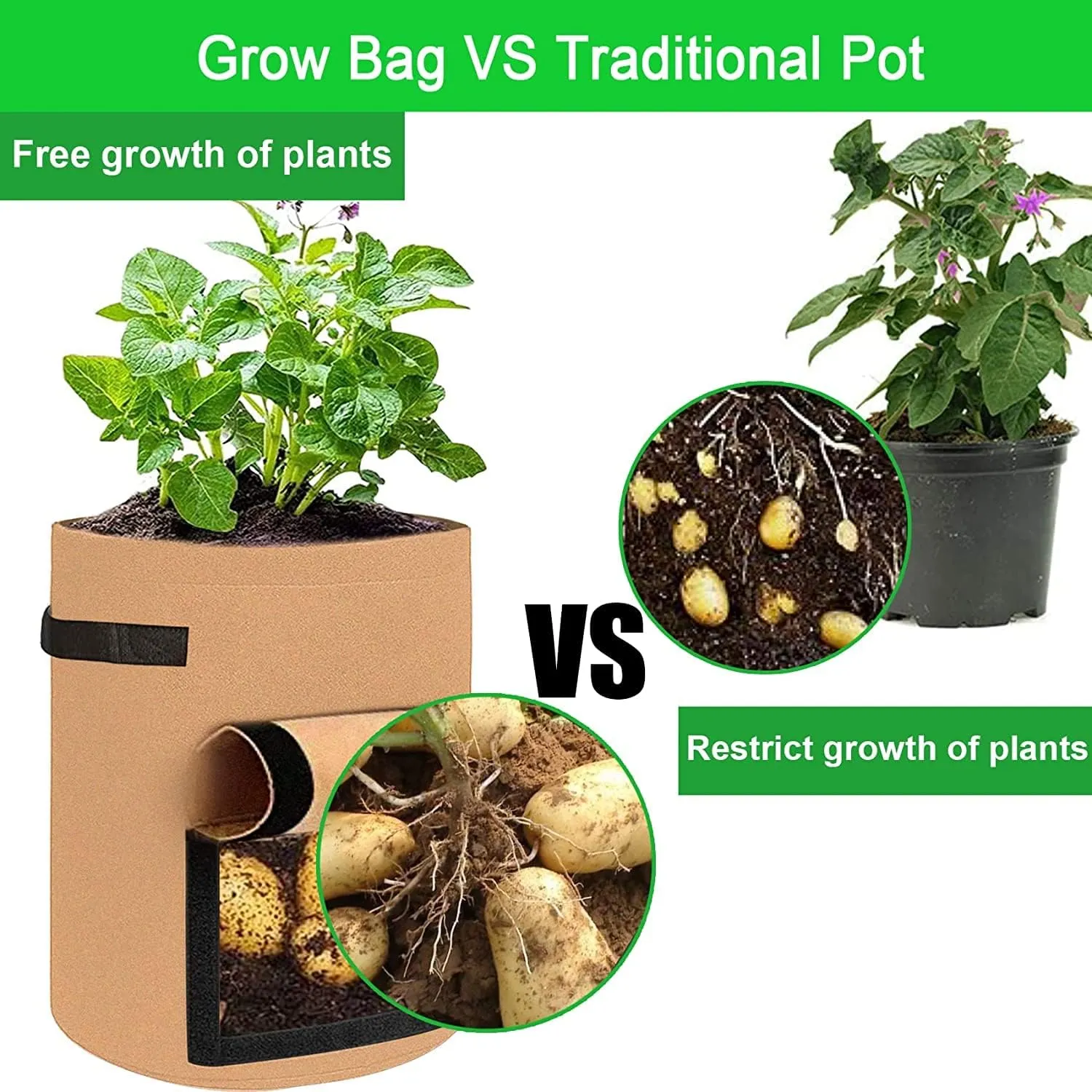 4 Pack Potato Grow Bags 10 Gallon with Flap, Heavy Duty Fabric Grow Bags with Handle and Harvest Window, Non-Woven Planter Pot Plant Garden Bags to Grow Vegetables Potato Tomato, Brown