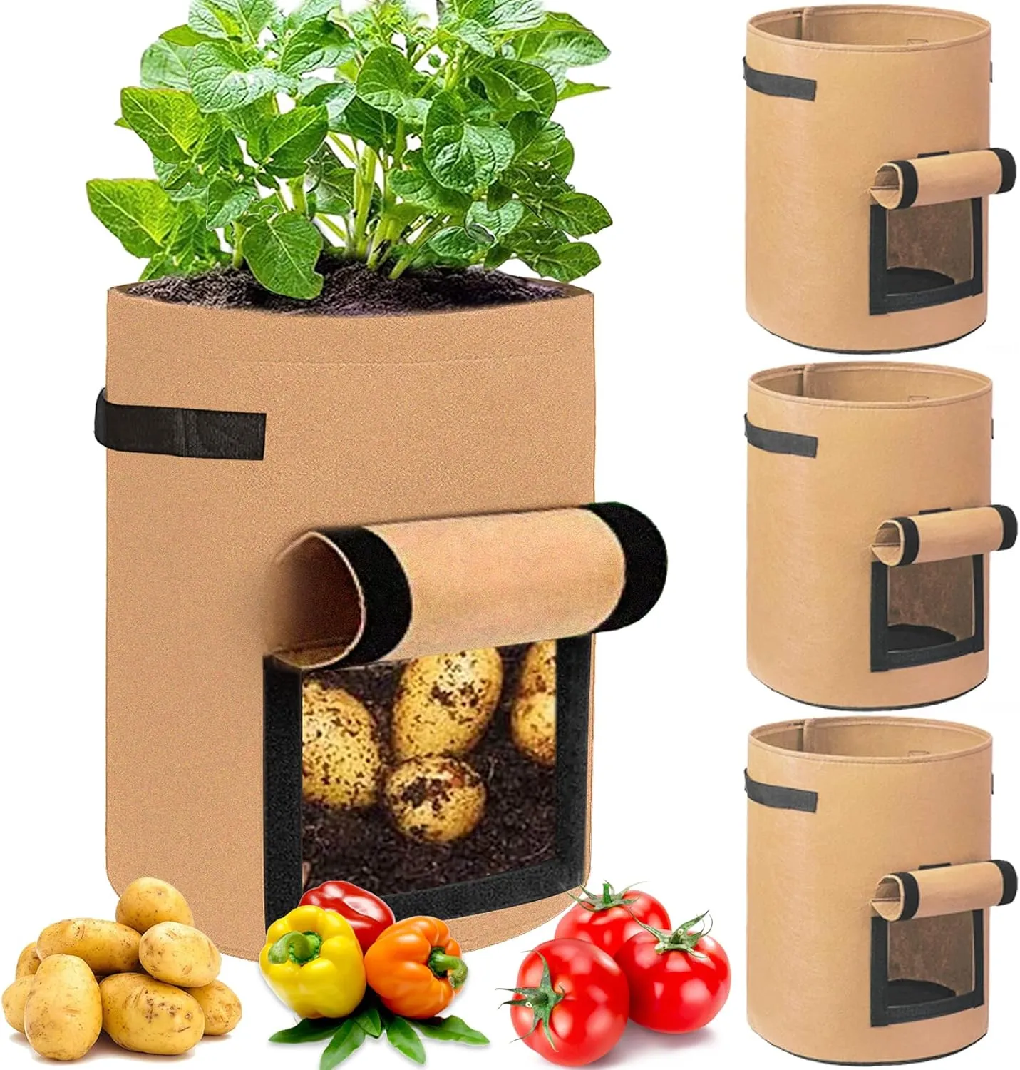 4 Pack Potato Grow Bags 10 Gallon with Flap, Heavy Duty Fabric Grow Bags with Handle and Harvest Window, Non-Woven Planter Pot Plant Garden Bags to Grow Vegetables Potato Tomato, Brown