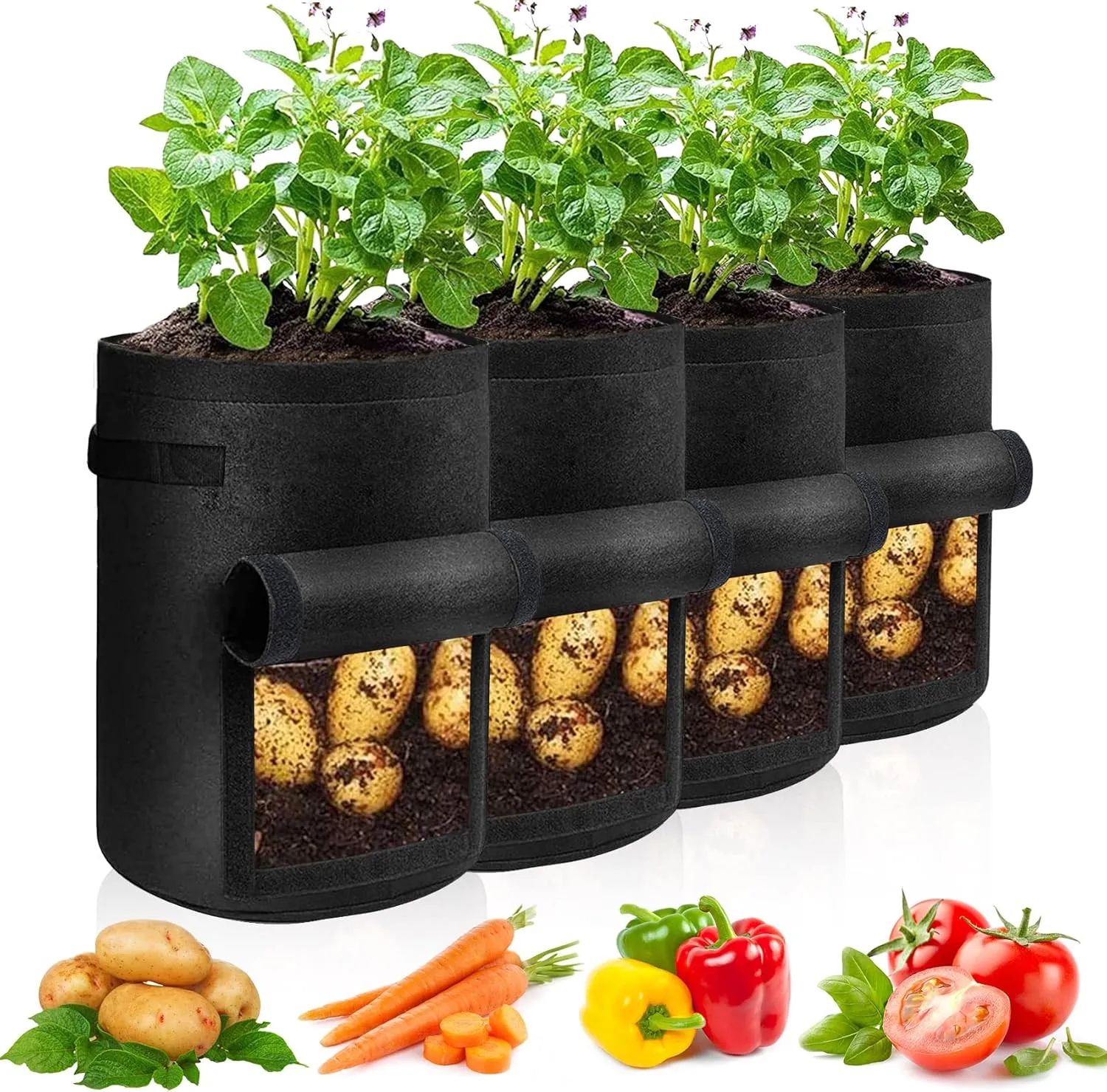 4 Pack Potato Grow Bags 10 Gallon with Flap, Heavy Duty Fabric with Handle and Harvest Window, Non-Woven Planter Pot Plant Garden Bags to Grow Vegetables Tomato, Black