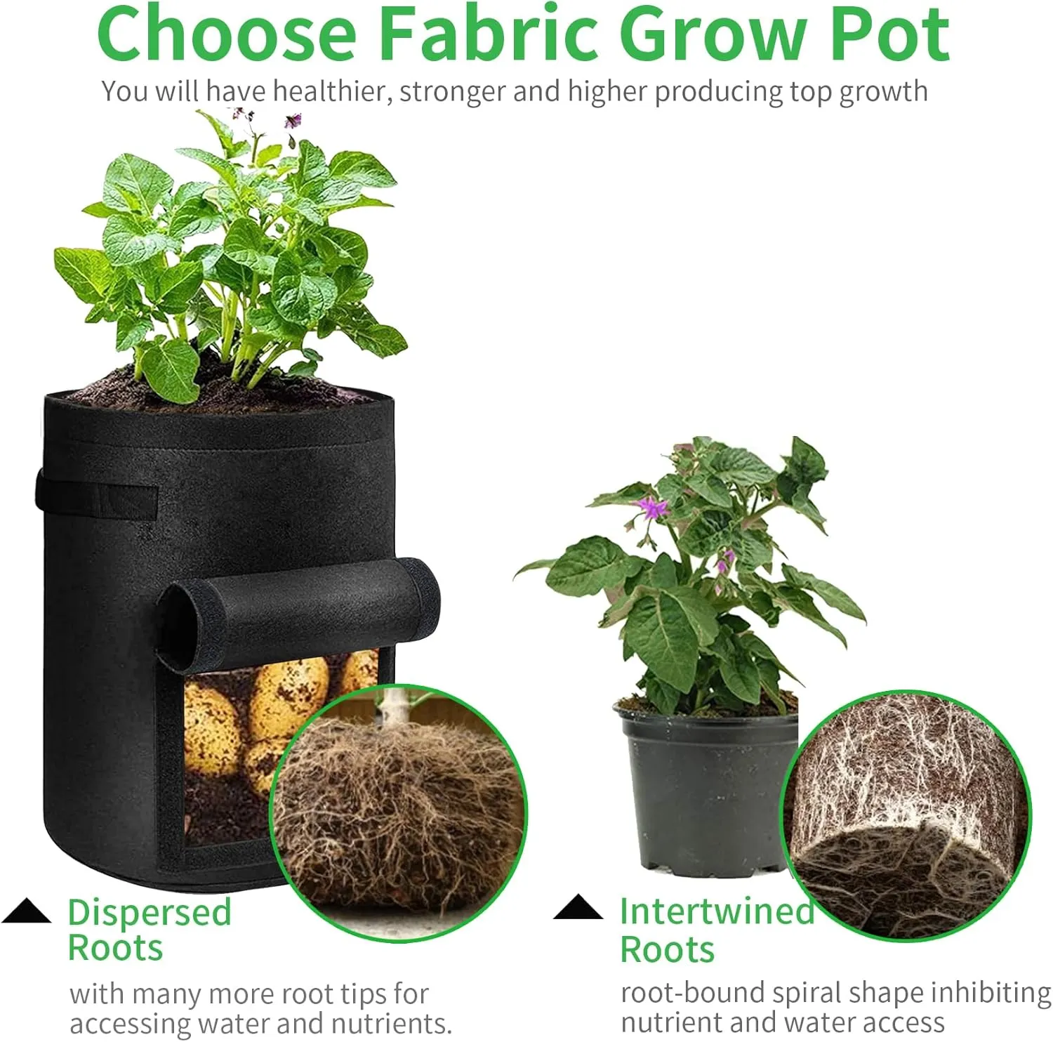 4 Pack Potato Grow Bags 10 Gallon with Flap, Heavy Duty Fabric with Handle and Harvest Window, Non-Woven Planter Pot Plant Garden Bags to Grow Vegetables Tomato, Black