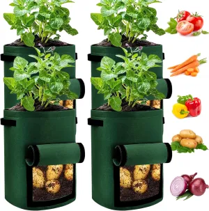 4 Pack Potato Grow Bags 10 Gallon with Flap, Heavy Duty Fabric with Handle and Harvest Window, Non-Woven Planter Pot Plant Garden Bags to Grow Vegetables Tomato, Blackish Green