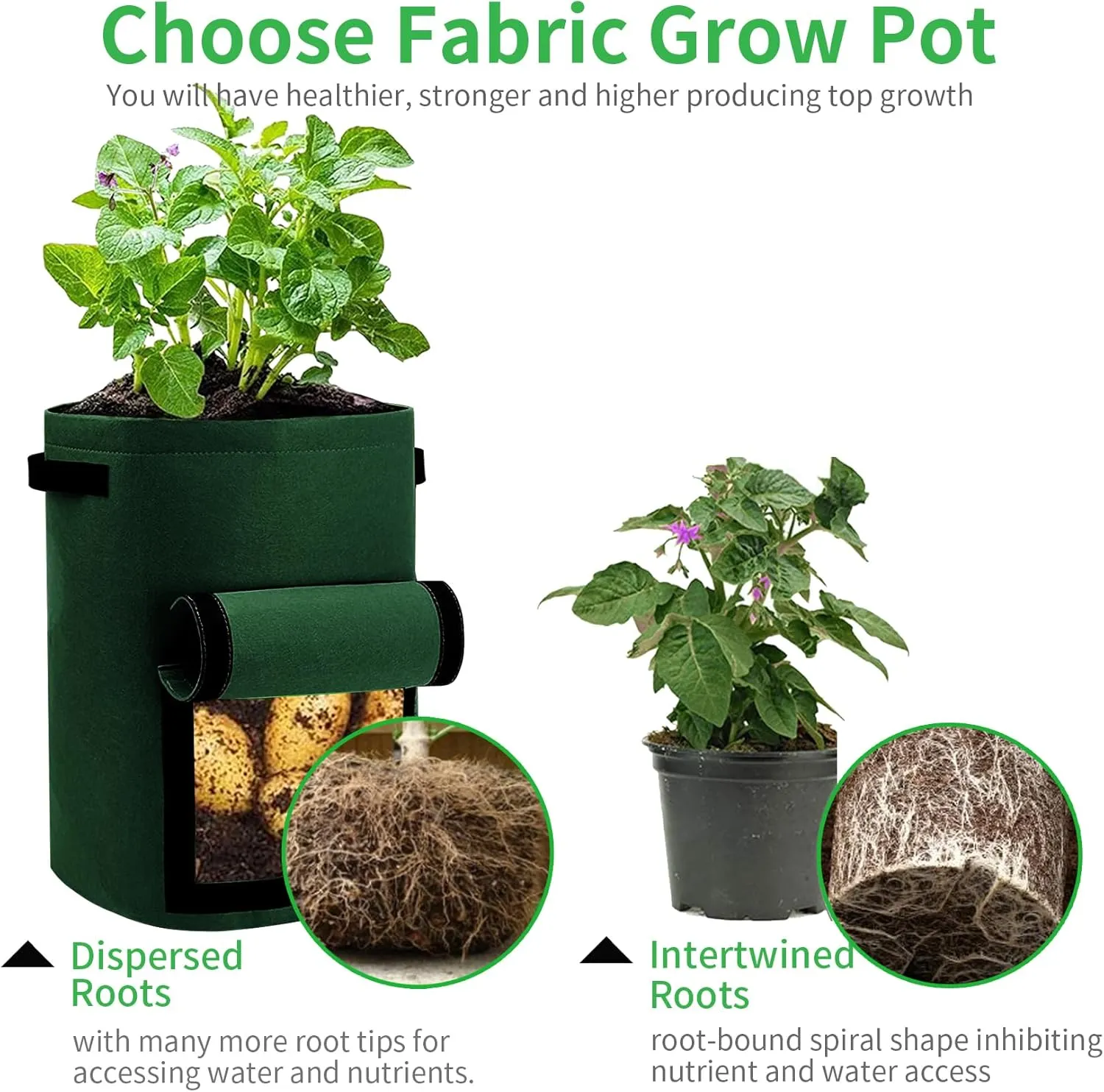 4 Pack Potato Grow Bags 10 Gallon with Flap, Heavy Duty Fabric with Handle and Harvest Window, Non-Woven Planter Pot Plant Garden Bags to Grow Vegetables Tomato, Blackish Green