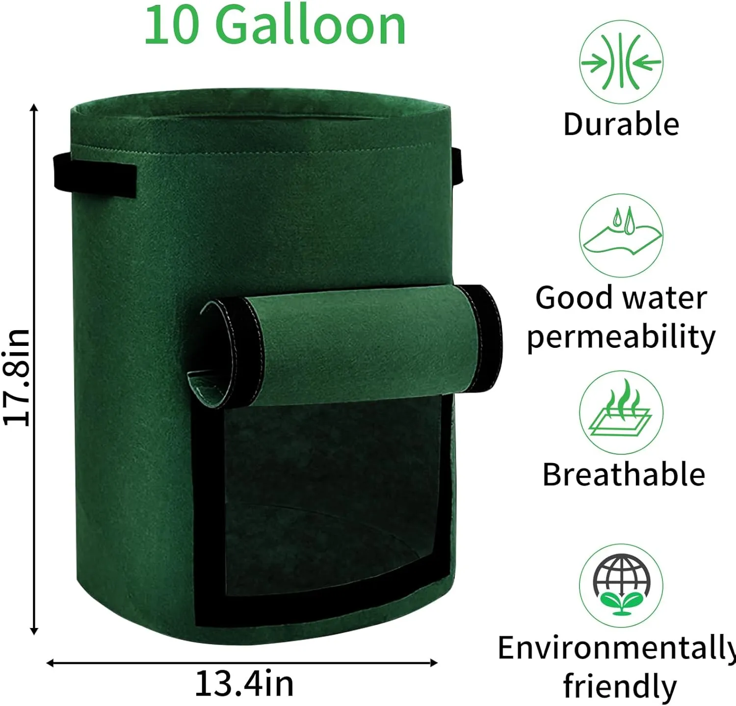 4 Pack Potato Grow Bags 10 Gallon with Flap, Heavy Duty Fabric with Handle and Harvest Window, Non-Woven Planter Pot Plant Garden Bags to Grow Vegetables Tomato, Blackish Green