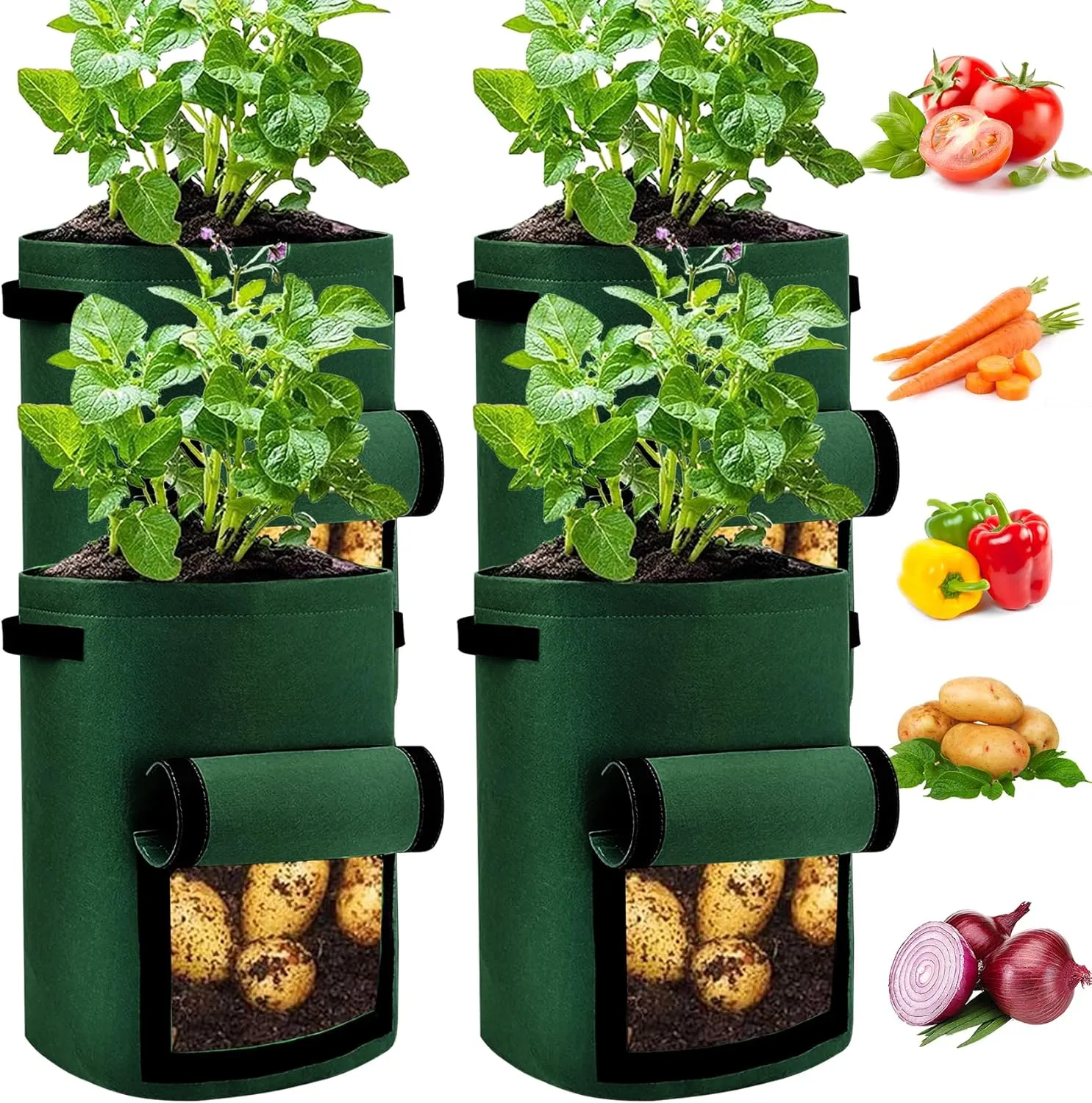4 Pack Potato Grow Bags 10 Gallon with Flap, Heavy Duty Fabric with Handle and Harvest Window, Non-Woven Planter Pot Plant Garden Bags to Grow Vegetables Tomato, Blackish Green