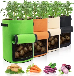 4 Pack Potato Growing Bag with Flap 10 Gallon Planter Pots with Handles and Harvest Window for Potato Tomato and Vegetables, Black Green Orange and Beige