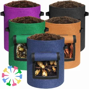 400G Thickest 5-Pack 10 Gallon Multi-Colored Potato Growing Bags, Potato Grow Bags with Plant Tags, Potato Bags for Growing Potatoes with Visual-able Harvest Window, Breathable Planter Bags
