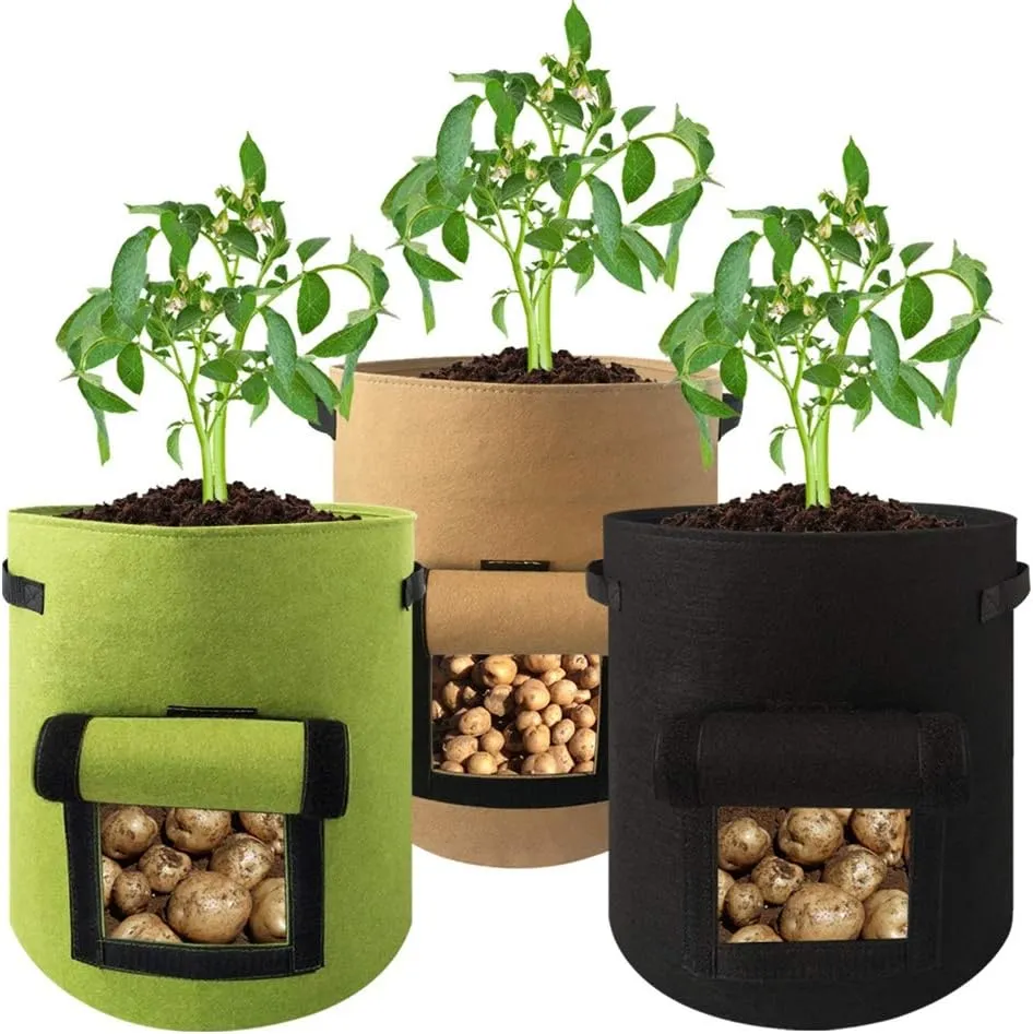 4/7/10 Gallon Potato Grow Bag with Velcro Window, Breathable Fabric Plant Bags for Vegetables, Tomatoes, Carrots - 5 Pack(Green,7Gallon)