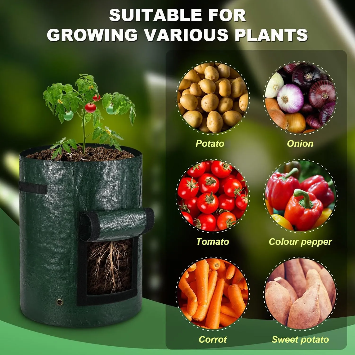 5-Pack 7 Gallon PE Potato Grow Bags,Breathable Thickened Fabric Pots with Flap,Reinforced Handles and Harvest Window, Garden Planting Bags for Growing Tomatoes, Carrots, Onions