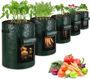 5-Pack 7 Gallon PE Potato Grow Bags,Breathable Thickened Fabric Pots with Flap,Reinforced Handles and Harvest Window, Garden Planting Bags for Growing Tomatoes, Carrots, Onions