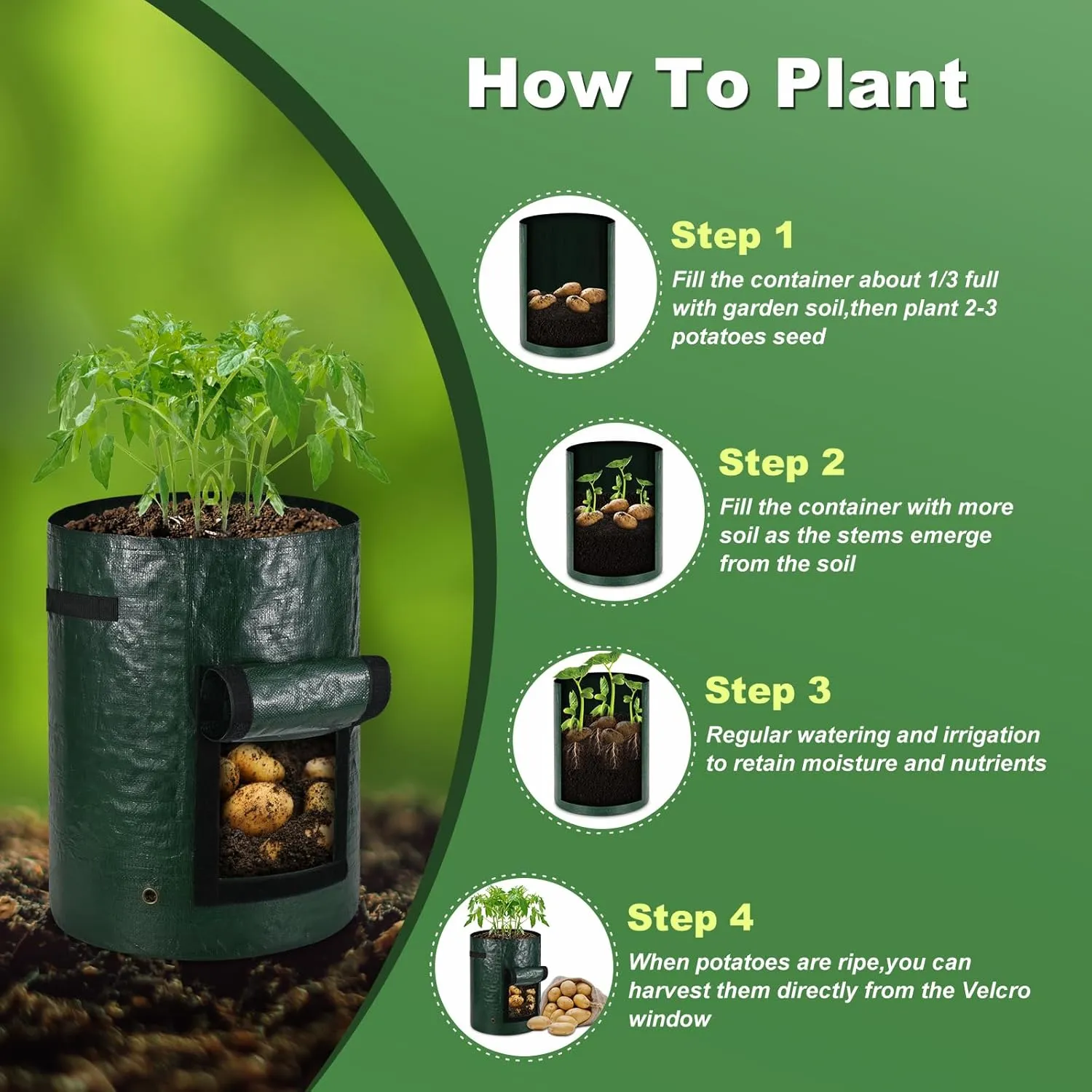 5-Pack 7 Gallon PE Potato Grow Bags,Breathable Thickened Fabric Pots with Flap,Reinforced Handles and Harvest Window, Garden Planting Bags for Growing Tomatoes, Carrots, Onions