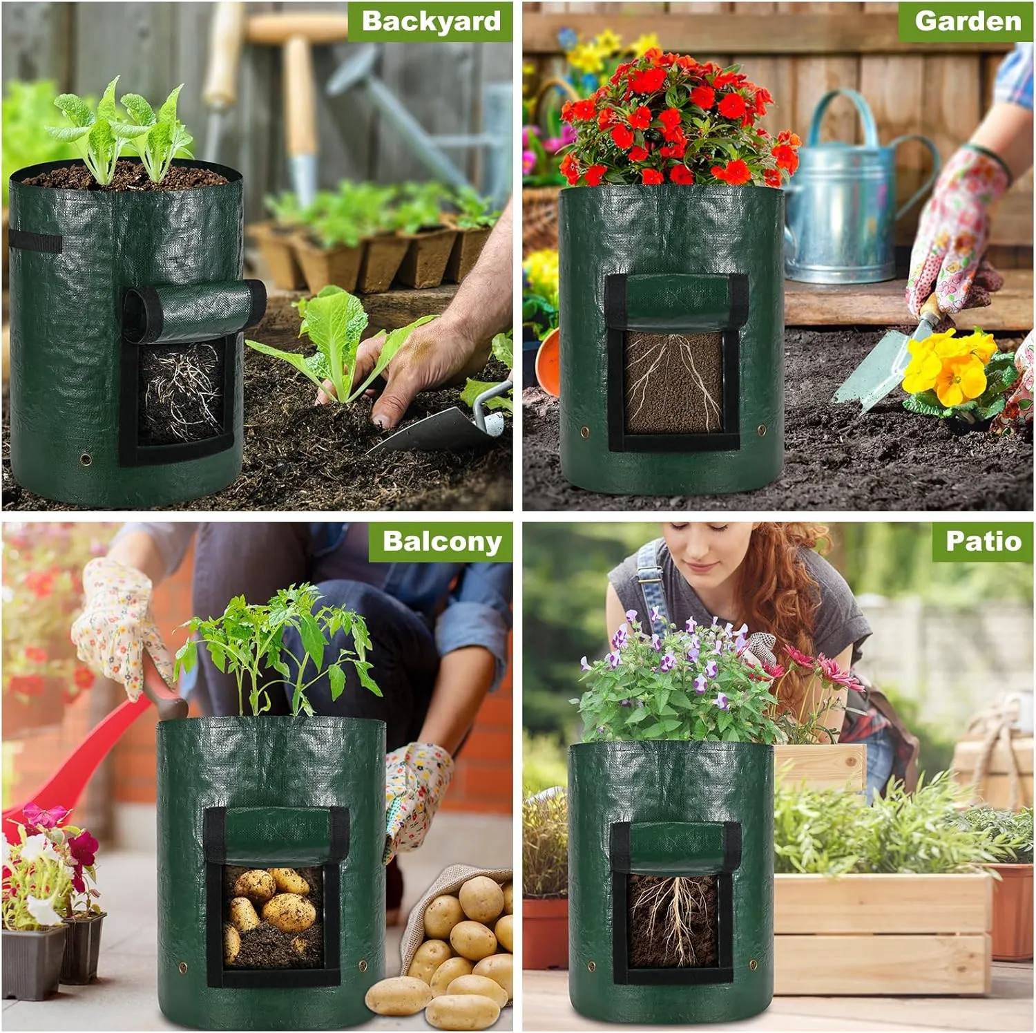 5-Pack 7 Gallon PE Potato Grow Bags,Breathable Thickened Fabric Pots with Flap,Reinforced Handles and Harvest Window, Garden Planting Bags for Growing Tomatoes, Carrots, Onions
