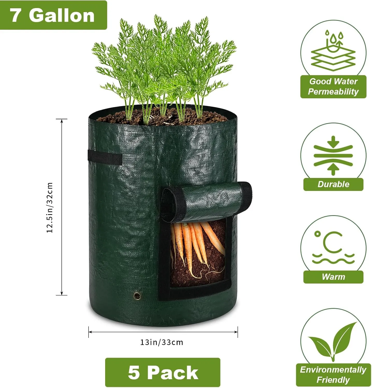 5-Pack 7 Gallon PE Potato Grow Bags,Breathable Thickened Fabric Pots with Flap,Reinforced Handles and Harvest Window, Garden Planting Bags for Growing Tomatoes, Carrots, Onions