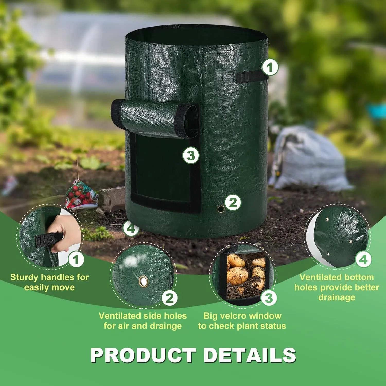 5-Pack 7 Gallon PE Potato Grow Bags,Breathable Thickened Fabric Pots with Flap,Reinforced Handles and Harvest Window, Garden Planting Bags for Growing Tomatoes, Carrots, Onions