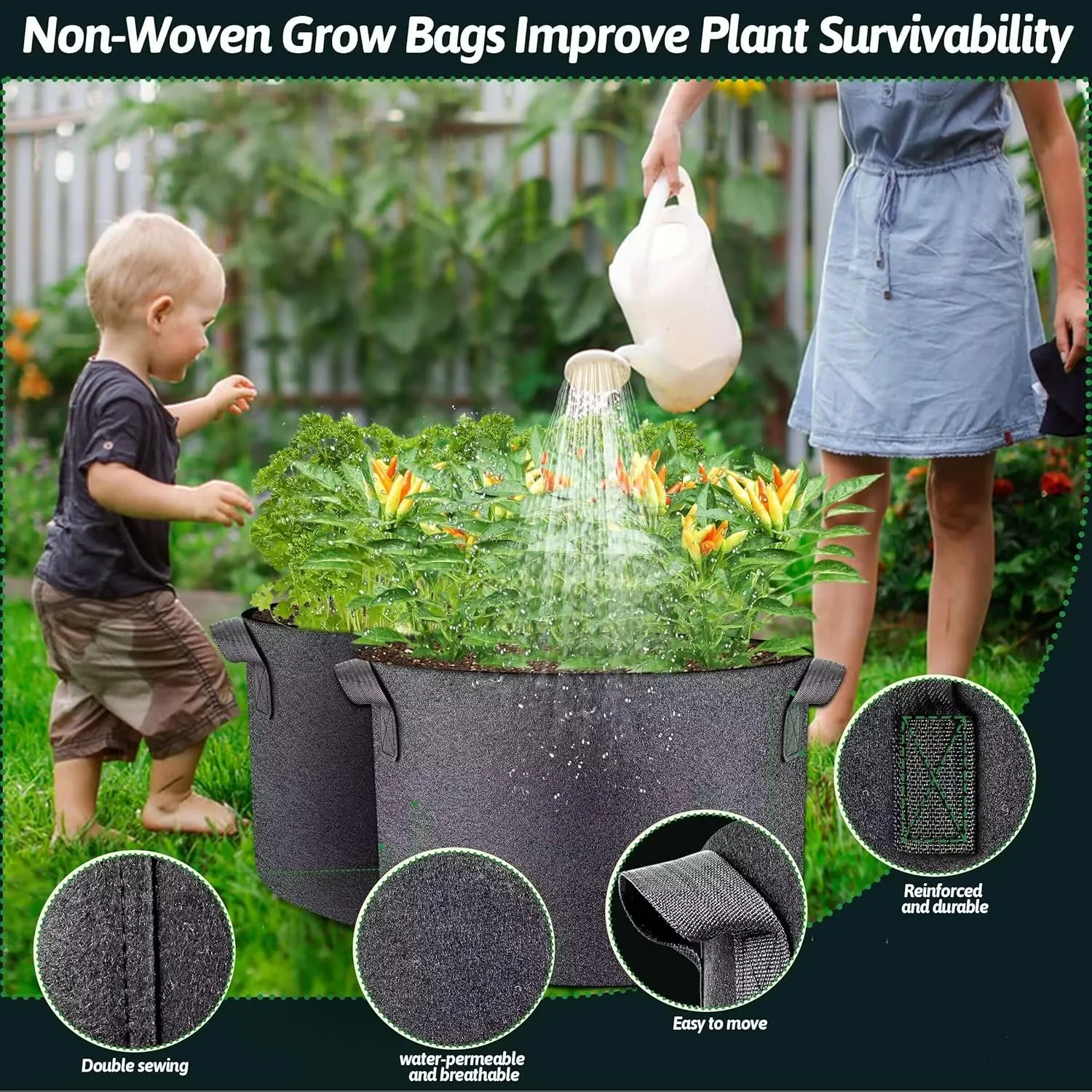 5 Pcs Grow Bags Plant Grow Bags Multi-Purpose Nonwoven Fabric Pots with Durable Handles,Outdoor Garden Plant Pots for Vegetables Fruits Flowers Herb Succulent Bonsai Plants