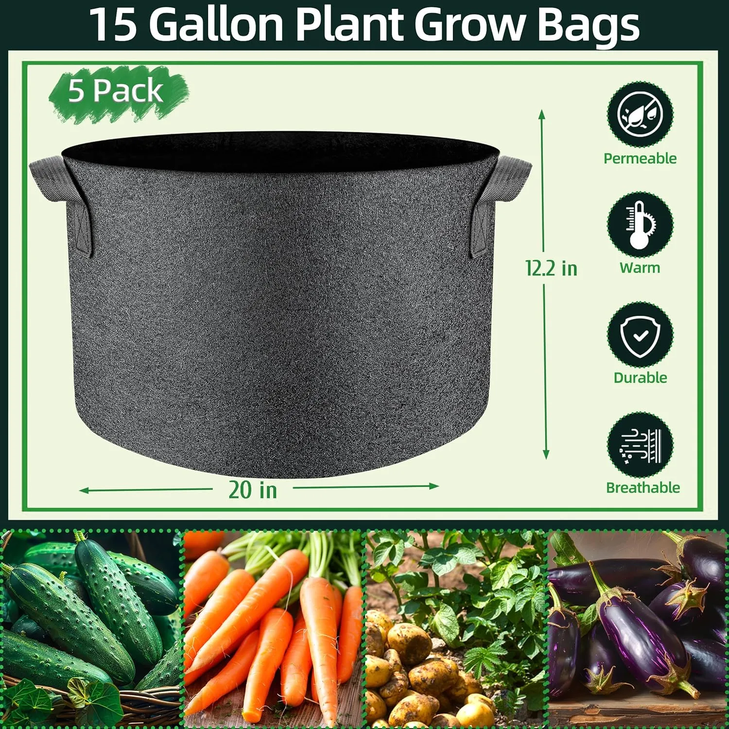 5 Pcs Grow Bags Plant Grow Bags Multi-Purpose Nonwoven Fabric Pots with Durable Handles,Outdoor Garden Plant Pots for Vegetables Fruits Flowers Herb Succulent Bonsai Plants