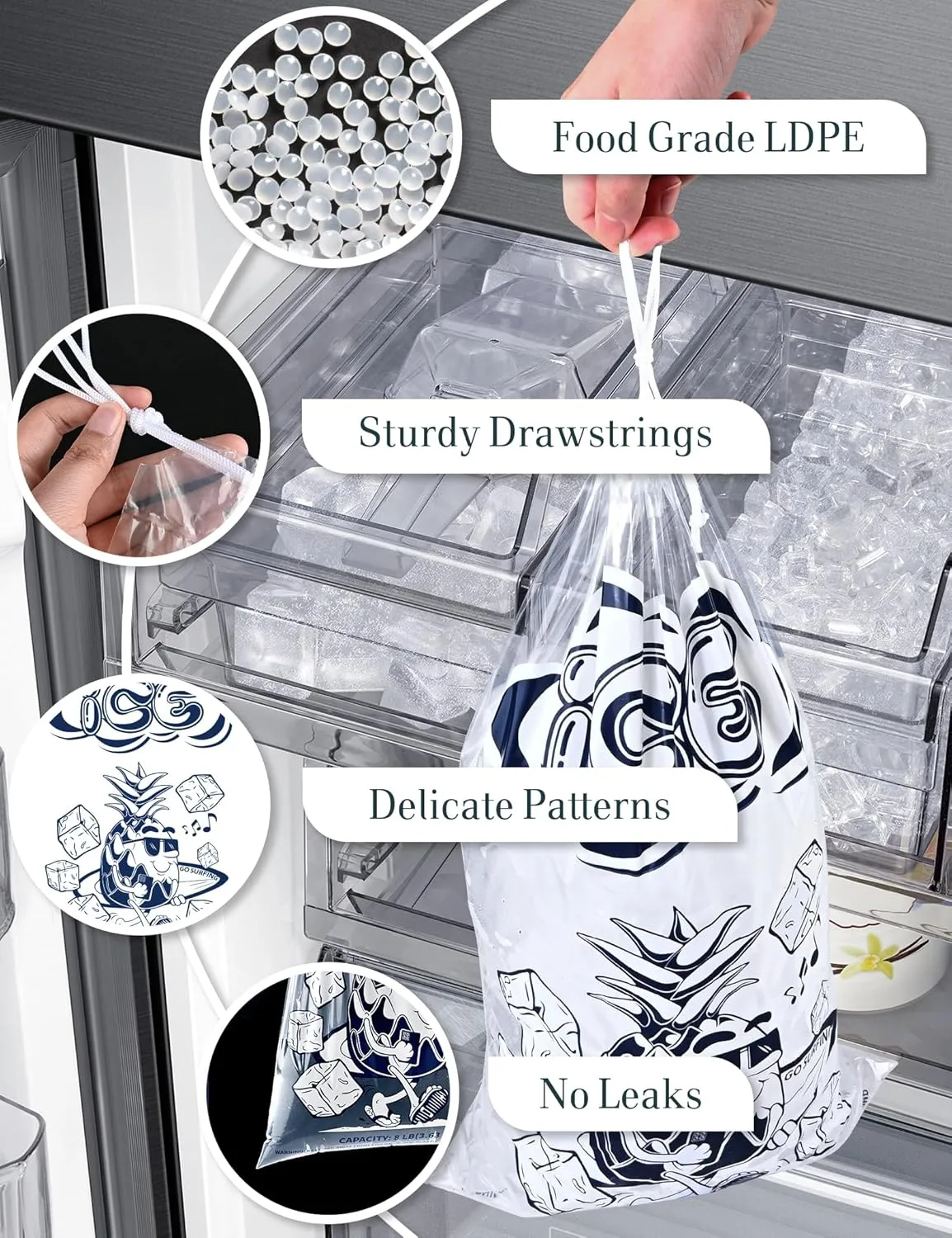 50 Pack Ice Bags 05 lb with Drawstring, Heavy-Duty Ice Bags for Ice Machine(2 Mils Thickness)