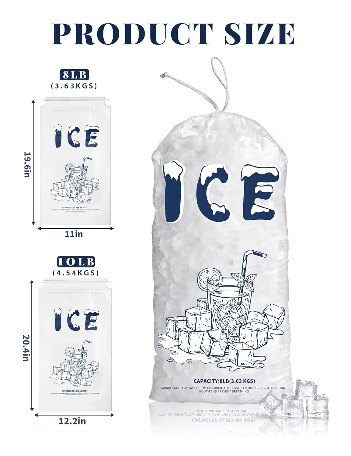 50 Pack Plastic Ice Bags 5 lb, Heavy-Duty Ice Bags 17 x 9 inch with Drawstring(2 Mils Thickness)
