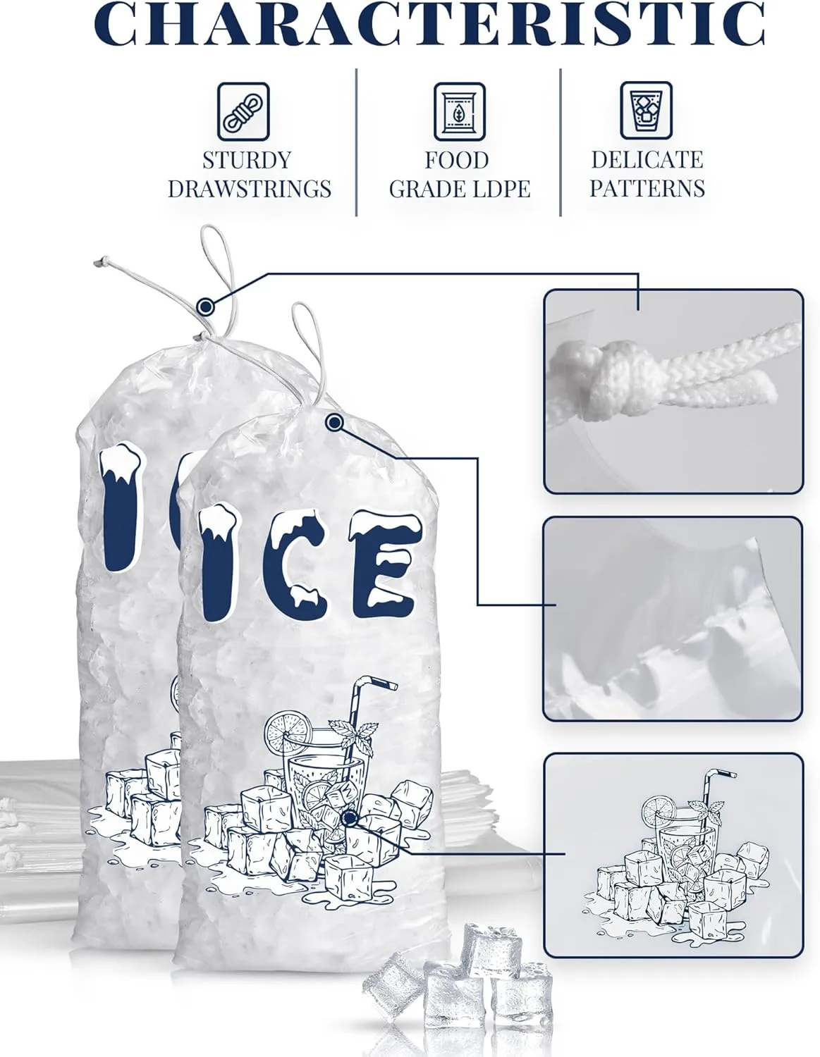 50 Pack Plastic Ice Bags 5 lb, Heavy-Duty Ice Bags 17 x 9 inch with Drawstring(2 Mils Thickness)