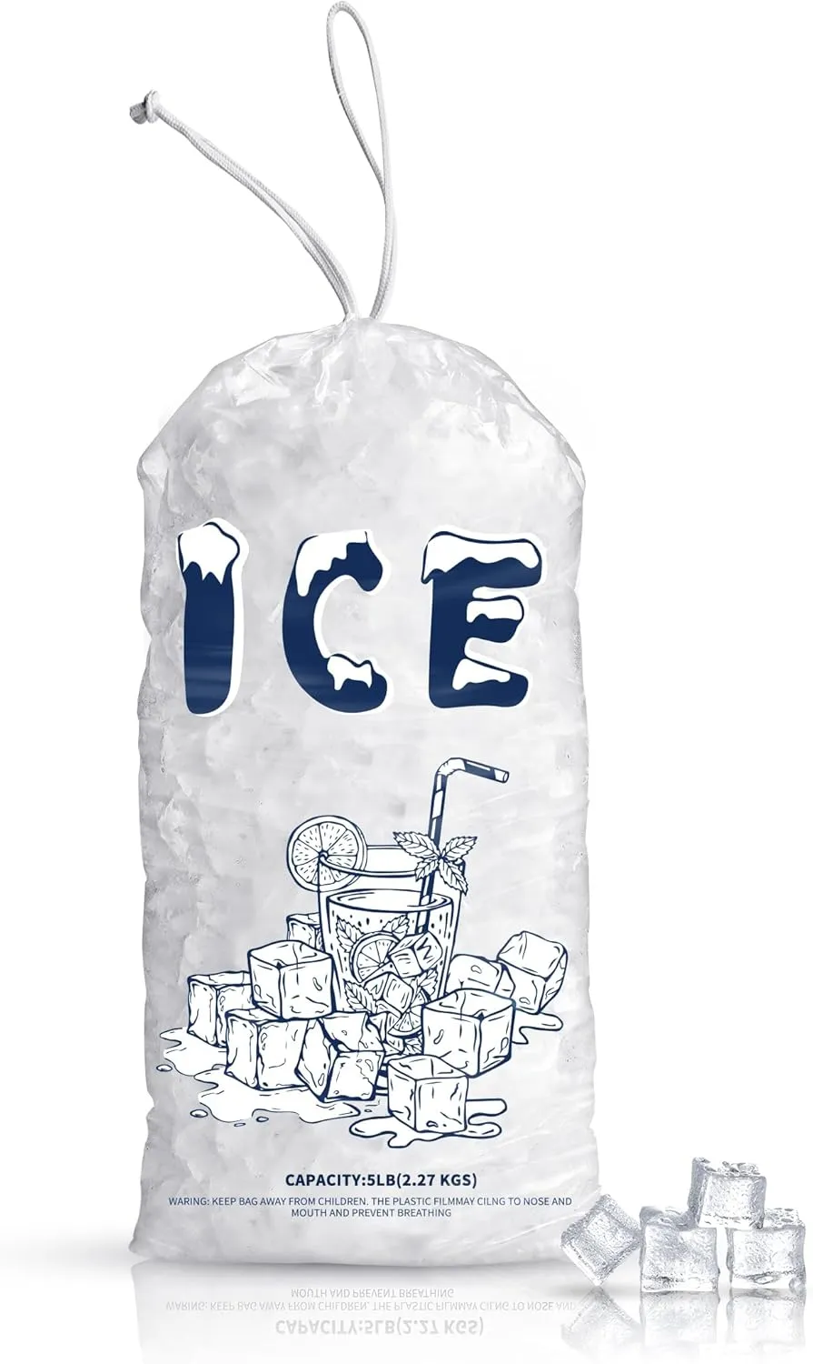 50 Pack Plastic Ice Bags 5 lb, Heavy-Duty Ice Bags 17 x 9 inch with Drawstring(2 Mils Thickness)