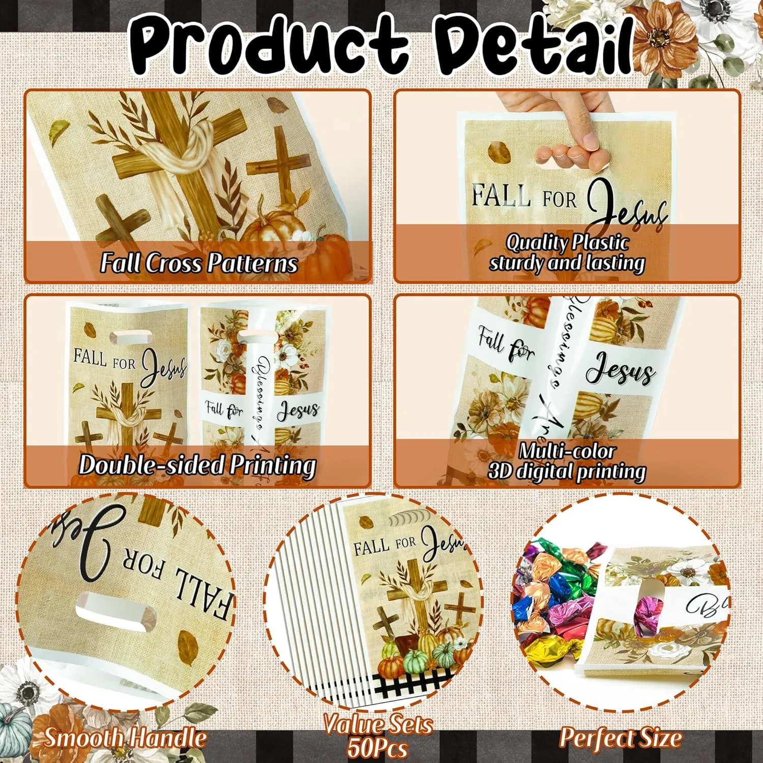50Pcs Fall for Jesus Christian Religion Party Favor Bags, Fall Thanksgiving Party Gift Bags, Autumn Cross Pumpkin Goody Treat Bags, Fall Themed Party Decoration for Thanksgiving Harvest Party Supplies