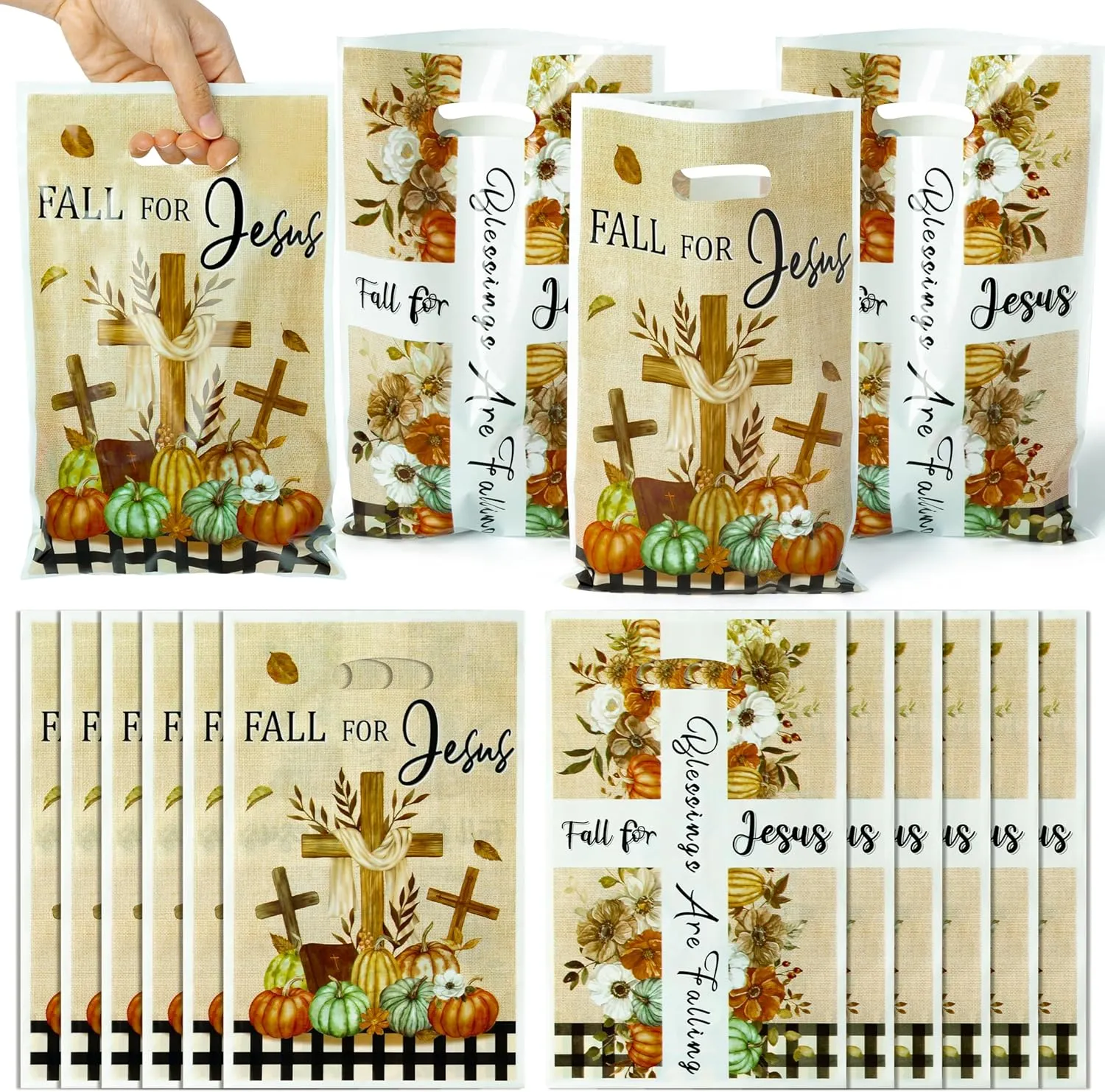 50Pcs Fall for Jesus Christian Religion Party Favor Bags, Fall Thanksgiving Party Gift Bags, Autumn Cross Pumpkin Goody Treat Bags, Fall Themed Party Decoration for Thanksgiving Harvest Party Supplies