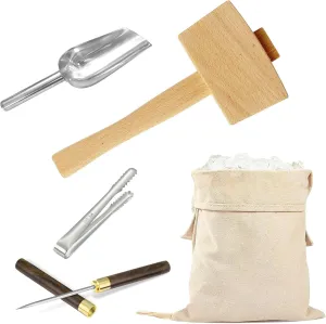 5Pcs Lewis Bags and Ice Mallet Set, Canvas Crushed Ice Bags, Wooden Mallet Bar, Steel Ice Scoop and Ice Tongs, Ice Breaker Needle, Bartender Kit & Bar Tools Kitchen Accessory