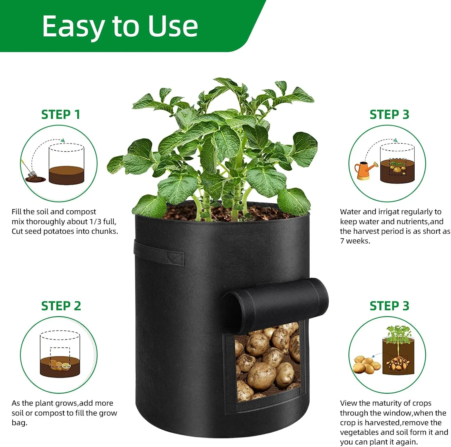 6 Pack 10 Gallon Potato Grow Bags with Flap Window, Garden Planting Bag with Durable Handle, Plant Pots for Tomato, Vegetable and Fruits