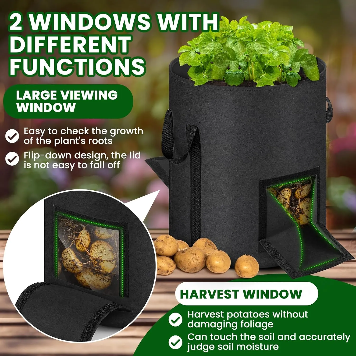 6 Pcs Upgraded Potato Grow Bags 10 Gallon with Harvest Window Visible Window Planting Bags Gardening Pots Thickened Nonwoven Planter for Growing Potato Tomato Vegetable (Black)