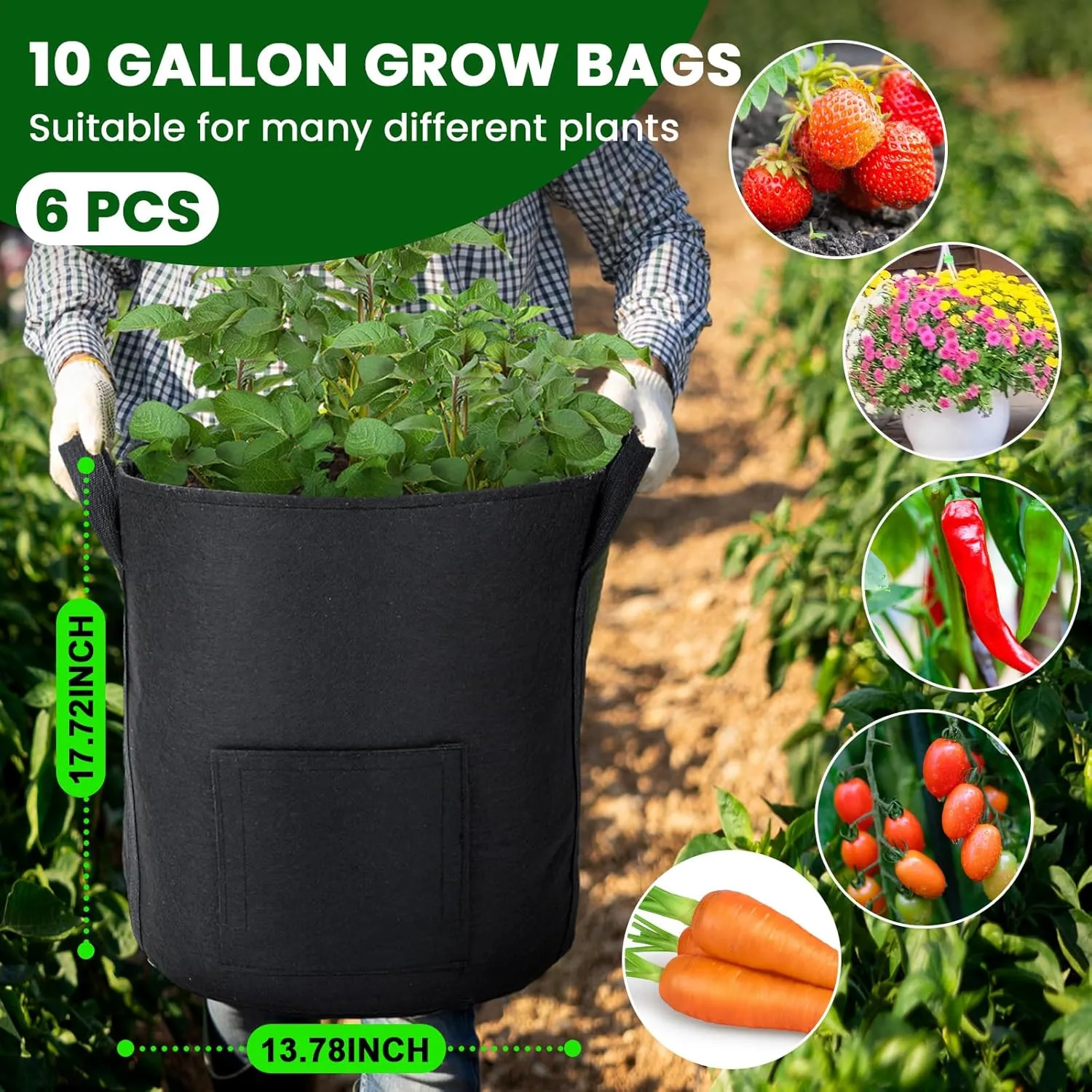 6 Pcs Upgraded Potato Grow Bags 10 Gallon with Harvest Window Visible Window Planting Bags Gardening Pots Thickened Nonwoven Planter for Growing Potato Tomato Vegetable (Black)