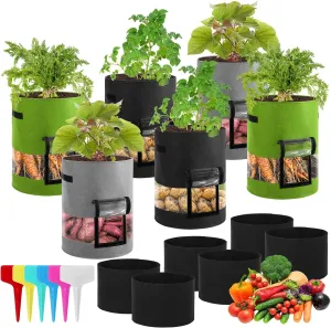 7 Gallon 6 Pack 360° Visible Potato Grow Bags with Harvest Window Thickened Nonwoven Fabric Pots with Flap and Handles, 6 Shade Cloth and 12 Plant Labels for Potato Tomato Vegetables Flowers