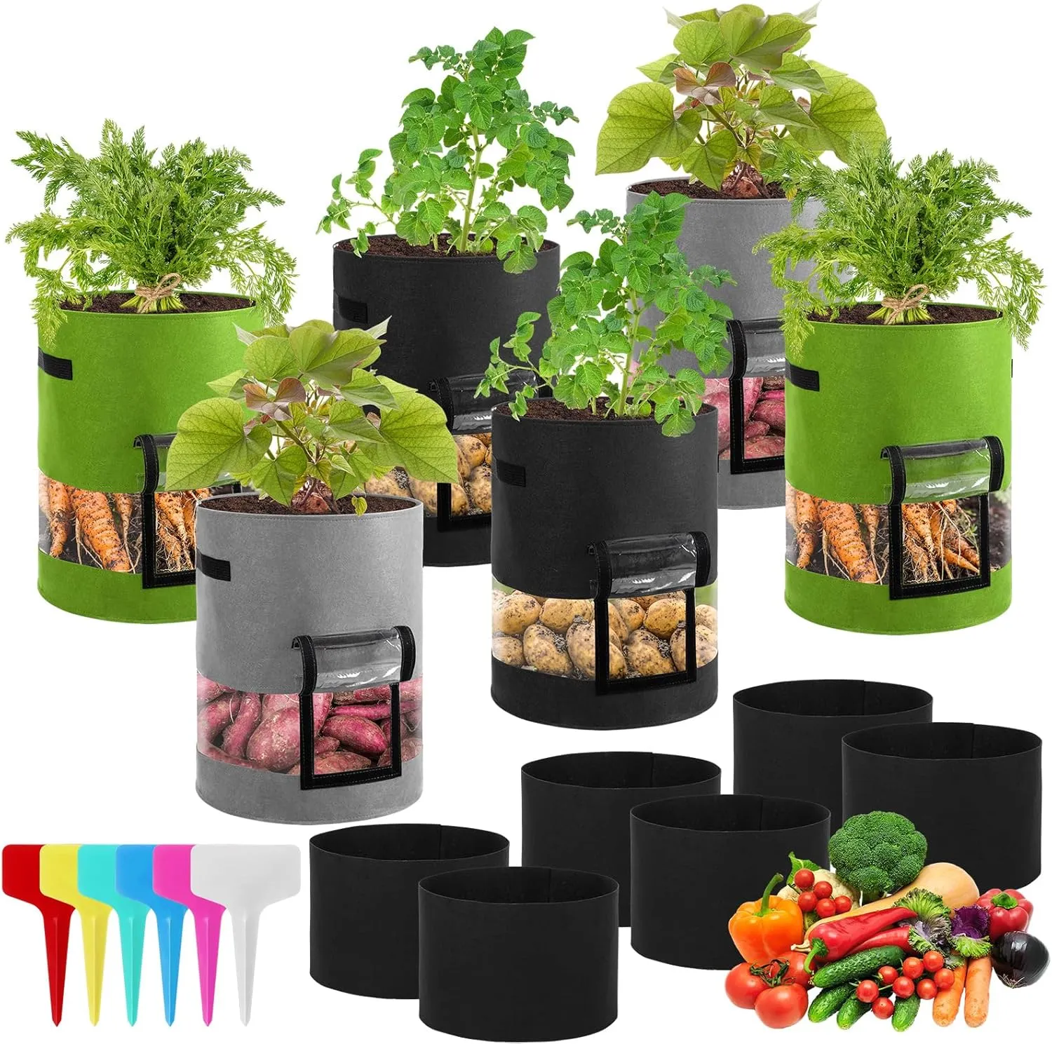 7 Gallon 6 Pack 360° Visible Potato Grow Bags with Harvest Window Thickened Nonwoven Fabric Pots with Flap and Handles, 6 Shade Cloth and 12 Plant Labels for Potato Tomato Vegetables Flowers