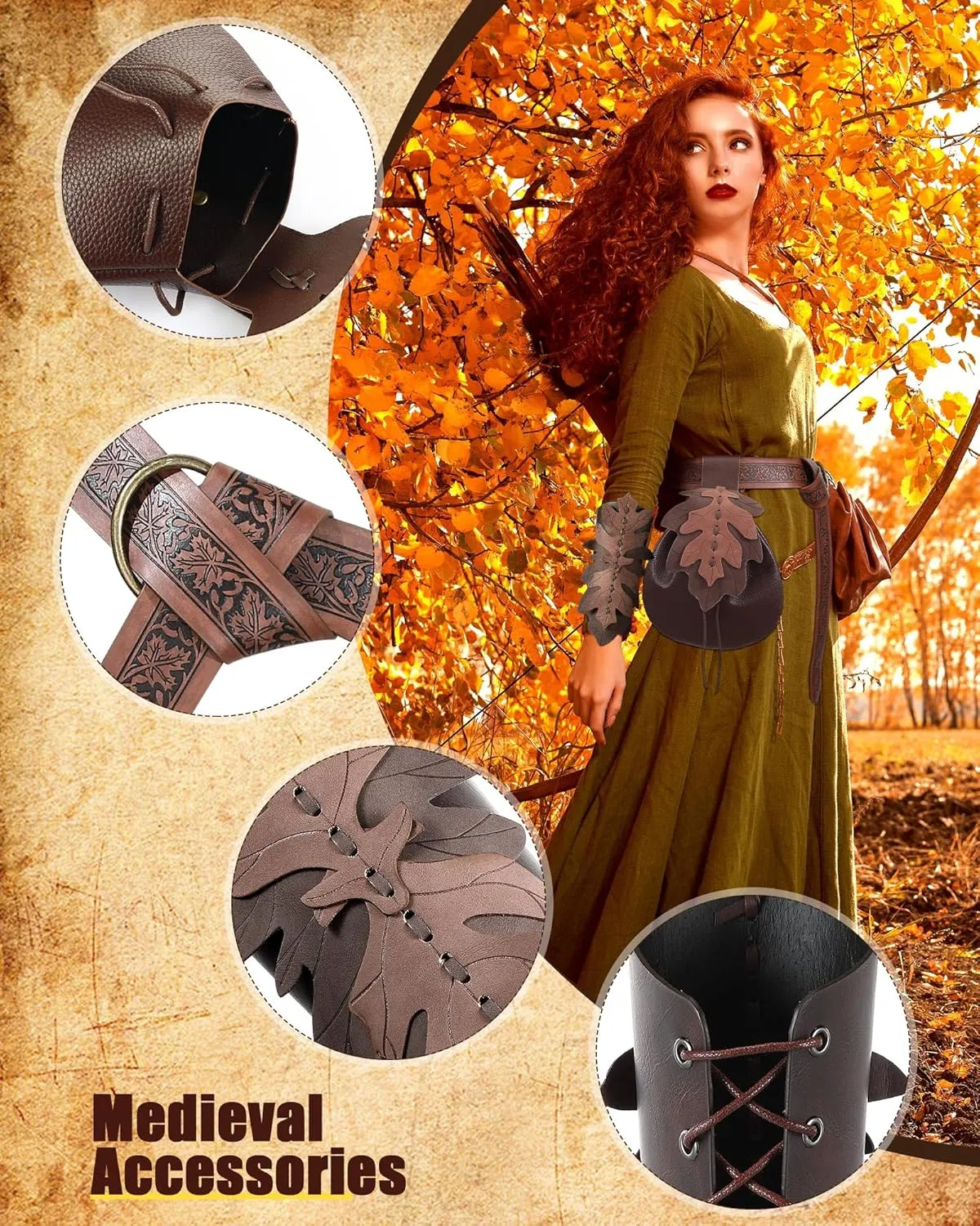 Abbylike Women Renaissance Accessories Medieval Viking Belt Renaissance Leaf Belt Bag Leather Bracers for Ren Faire Costume