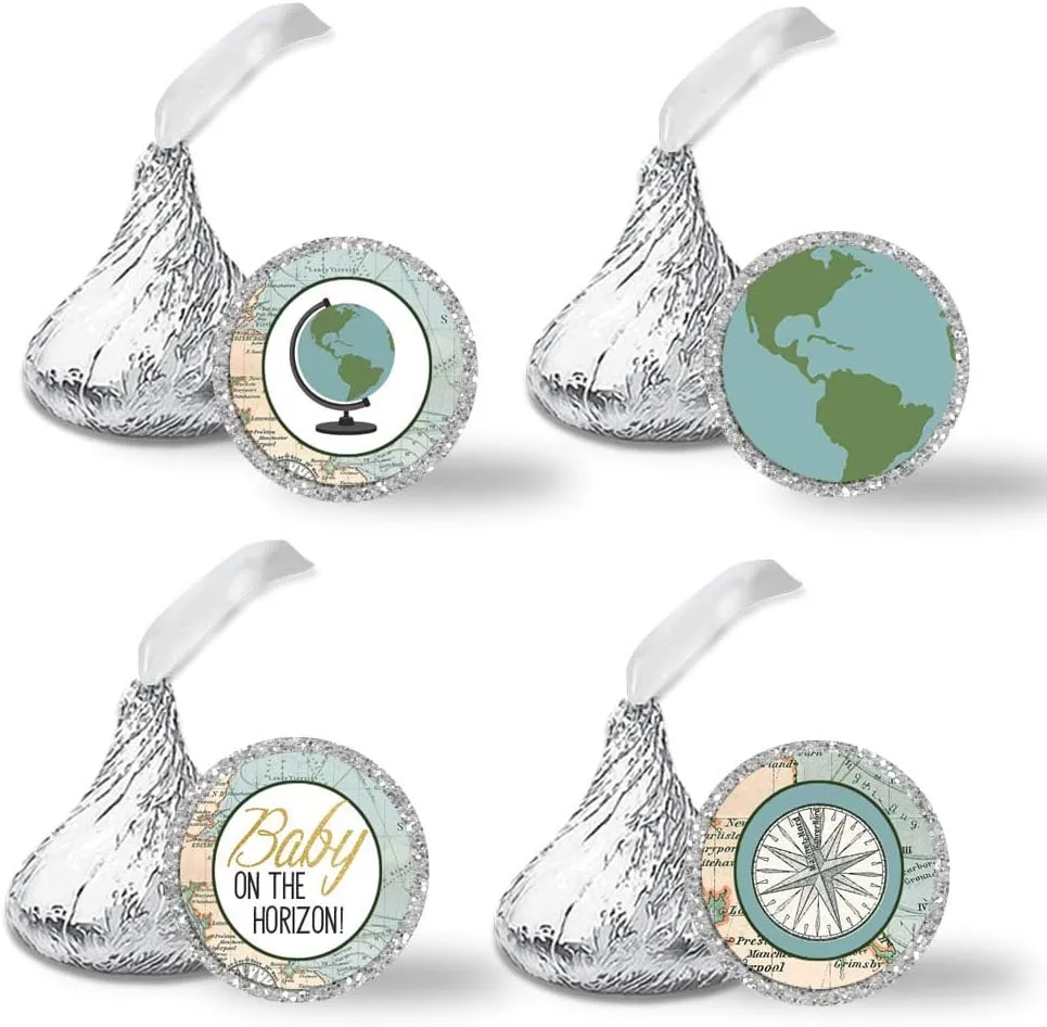 Adventure Awaits World Traveler Gender Neutral Baby Shower Kiss Sticker Labels, 300 Party Circle Sticker sized 0.75” for Chocolate Kisses, Great for Party Favors, Envelope Seals & Goodie Bags