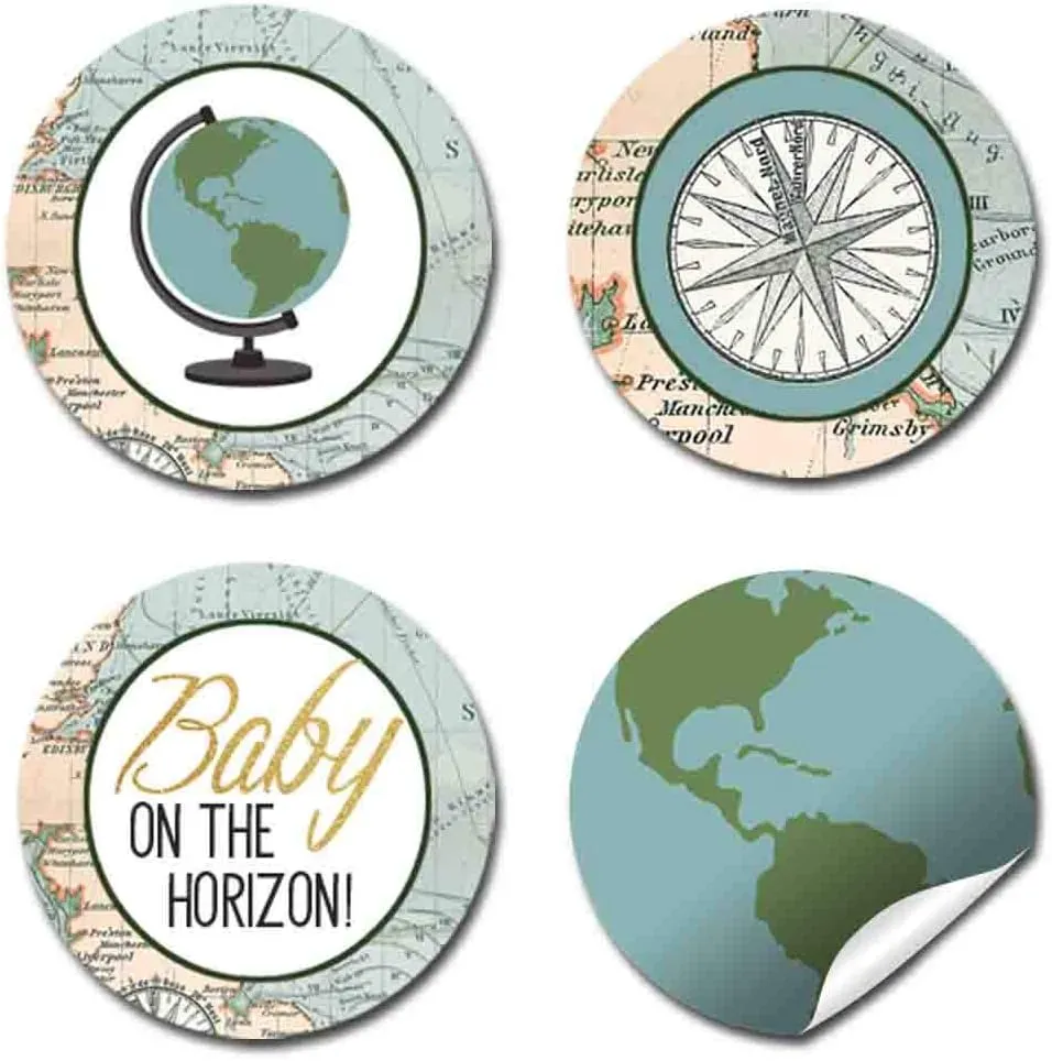 Adventure Awaits World Traveler Gender Neutral Baby Shower Kiss Sticker Labels, 300 Party Circle Sticker sized 0.75” for Chocolate Kisses, Great for Party Favors, Envelope Seals & Goodie Bags