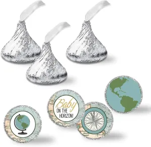 Adventure Awaits World Traveler Gender Neutral Baby Shower Kiss Sticker Labels, 300 Party Circle Sticker sized 0.75” for Chocolate Kisses, Great for Party Favors, Envelope Seals & Goodie Bags
