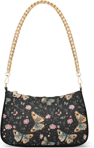 Aesthetic Butterfly Style Clutch Shoulder Bag for Women, Hobo Tote Handbag with Gold Chain, Crossbody Bag with Zipper Closure
