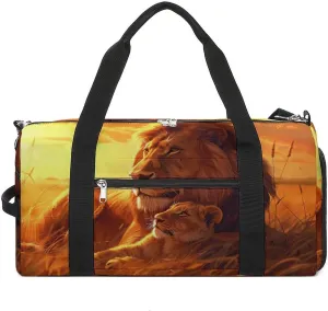 African Safari Lion Sunset Travel Gym Bag Sport Workout Duffel Bags with Compartments And Side Pocket