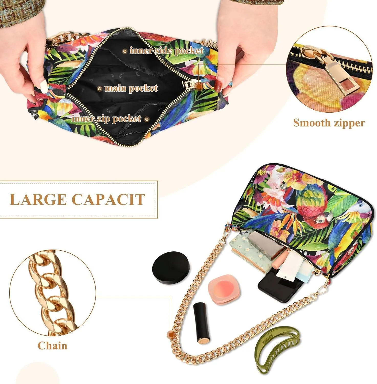 ALAZA Shoulder Handbags for Women Travel Hobo Tote Handbag Women Gold Chain Shoulder Bags Purse with Zipper Closure