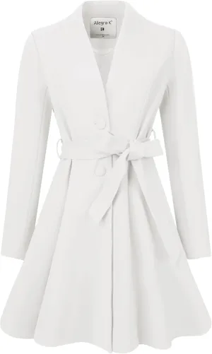 Allegra K Elegant Winter Coat for Women's Collarless Single Breasted Tie Wrap A-Line Swing Coats